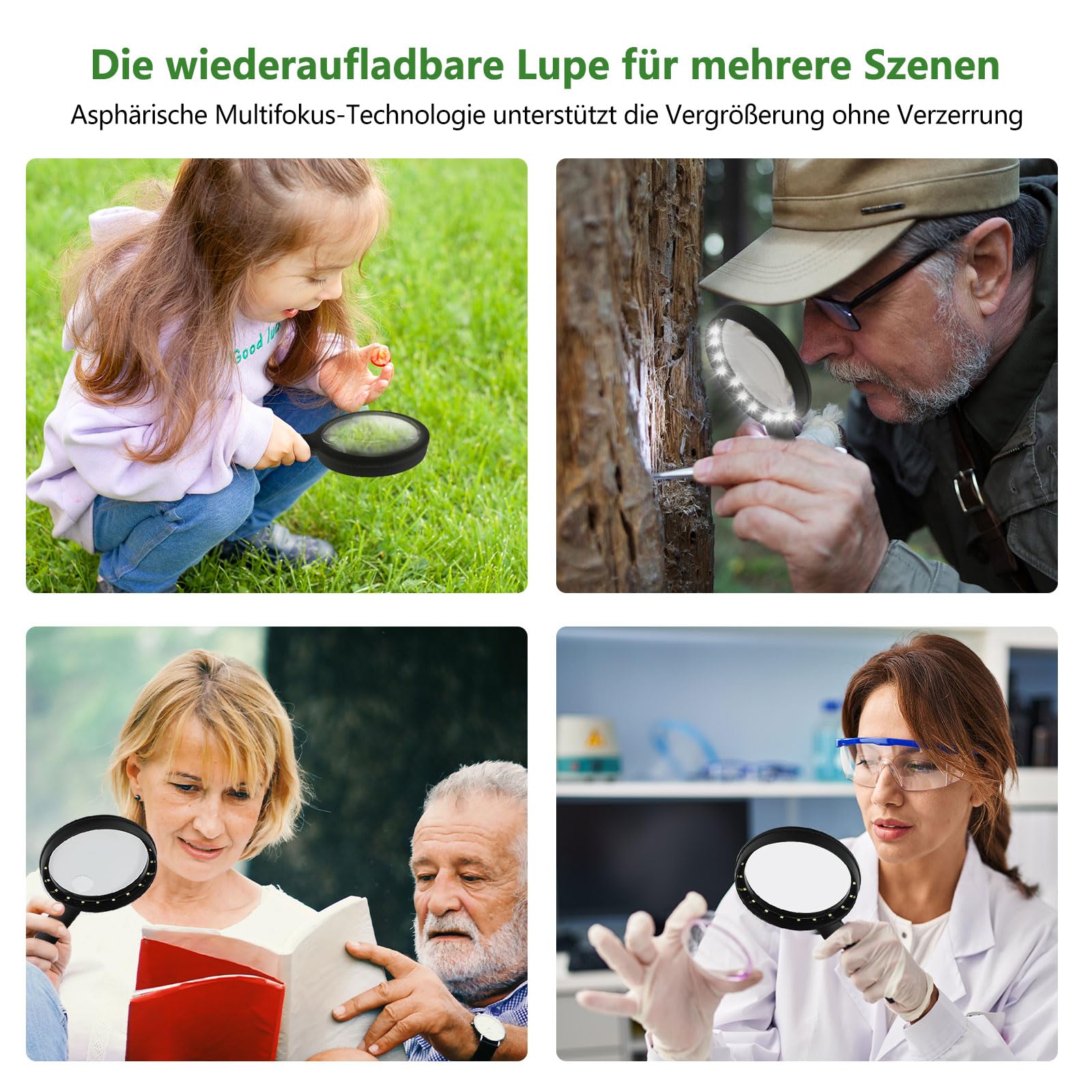 Lupe mit Licht - Leselupe mit Licht für Senioren Groß 3 Lichtmodi USB Wiederaufladbar Beleuchtete Lupe mit 20 LEDs Leichtgewicht Vergrößerungsglas mit Brillenputztuch HandLupe für Sehschwäche(Schwarz)