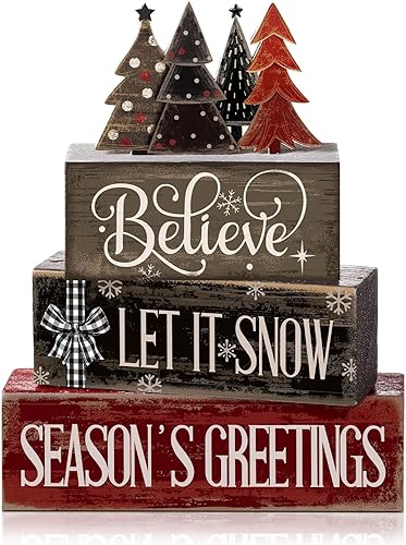 4 piezas de decoración de mesa de Navidad, centro de mesa de árbol de Navidad, decoración rústica de bloque de árbol, decoración de bandeja