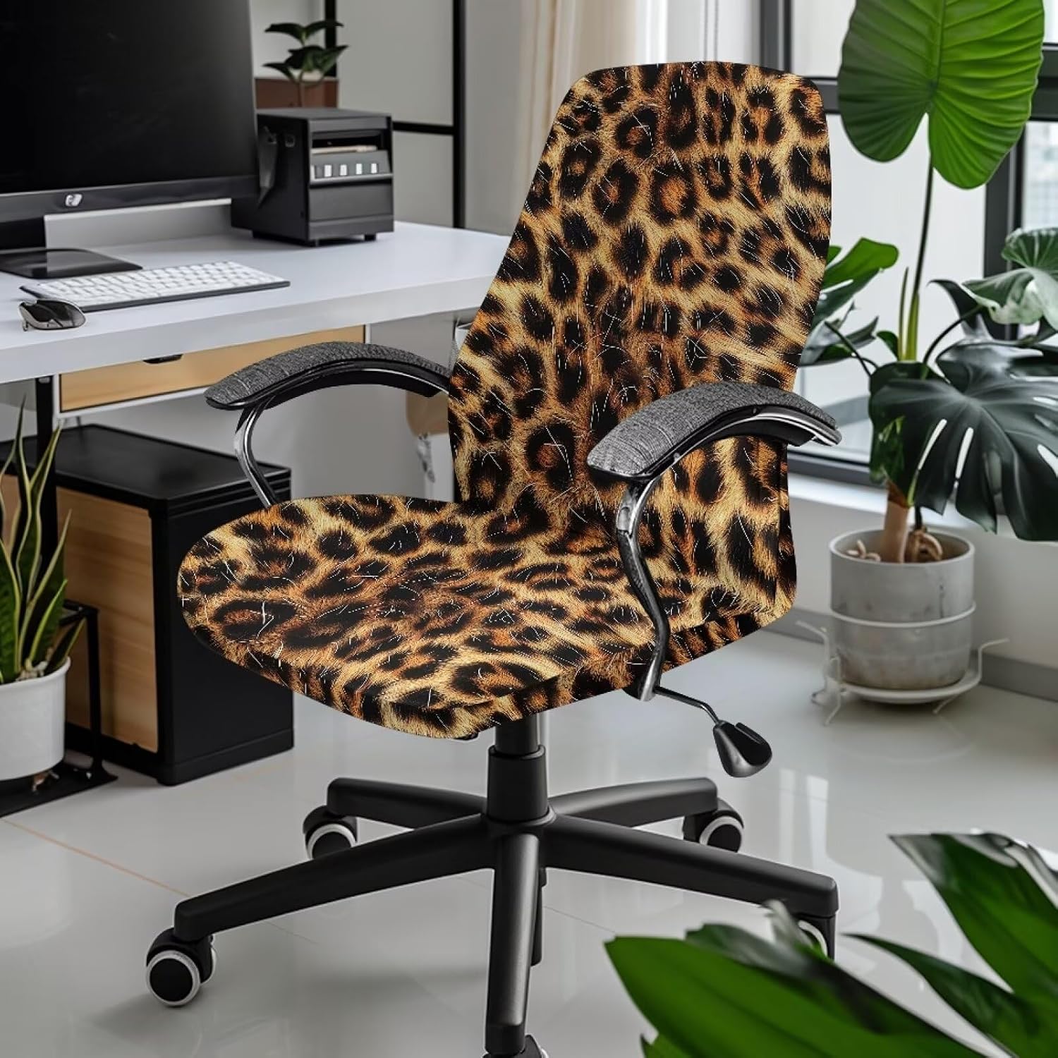 Wanyint Brown Leopard Print Desk Chair Cover Stretchable Office Chair Cover Dustproof Desk Computer Chair Cover High Back Chair Protective Cover for Dogs Cats Pets, L