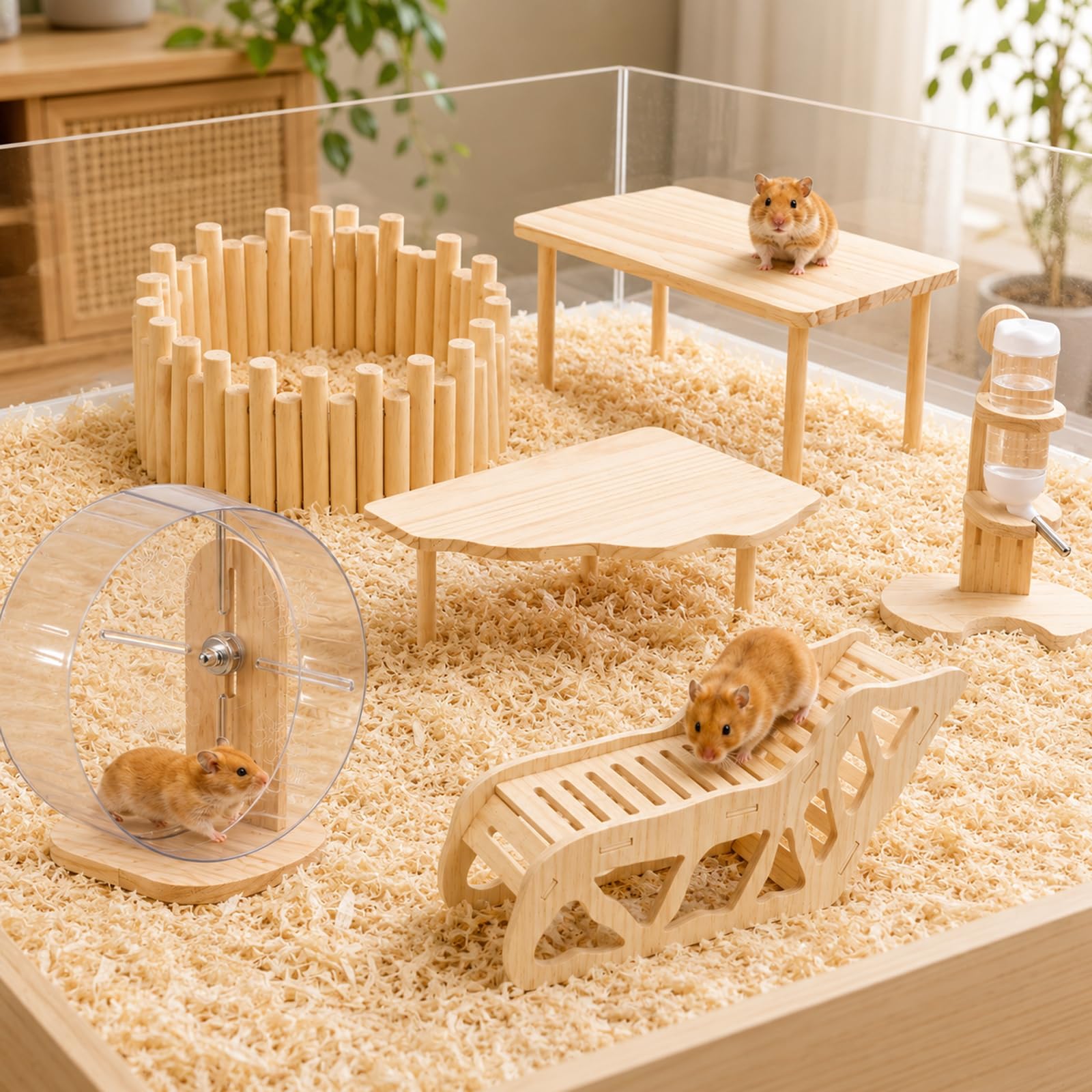 Juego de 6 accesorios para hámster de madera natural, parque infantil para hámster con rueda ajustable silenciosa, 2 plataformas, valla de madera, portabotellas y tumbona para hámsters dorados