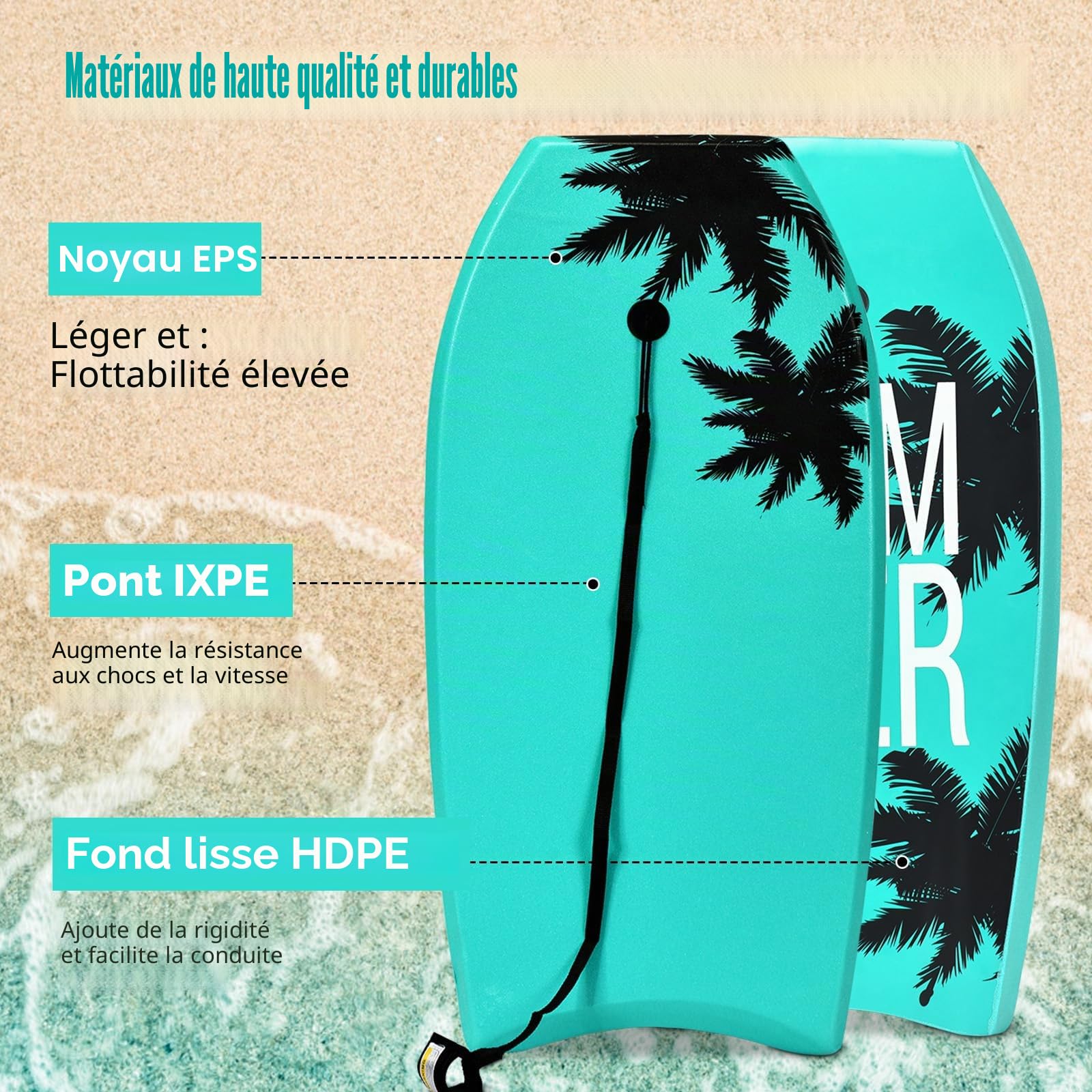 HOMASIS Bodyboard Planche de natation avec corde de traction 90 cm Planche de surf pour enfants et adultes avec noyau en mousse EPS et motif cocotier Vert