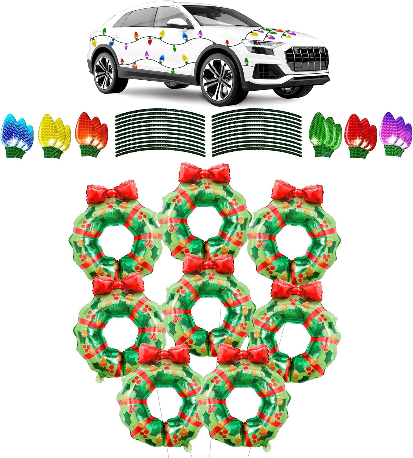 KatchOn, Pack of 108, Christmas Car Magnets Decorations | Magnetic Christmas Lights for Car with Large Christmas Wreath Foil Balloons | Christmas Decorations Indoor | Green Foil Balloon with Red Bow
