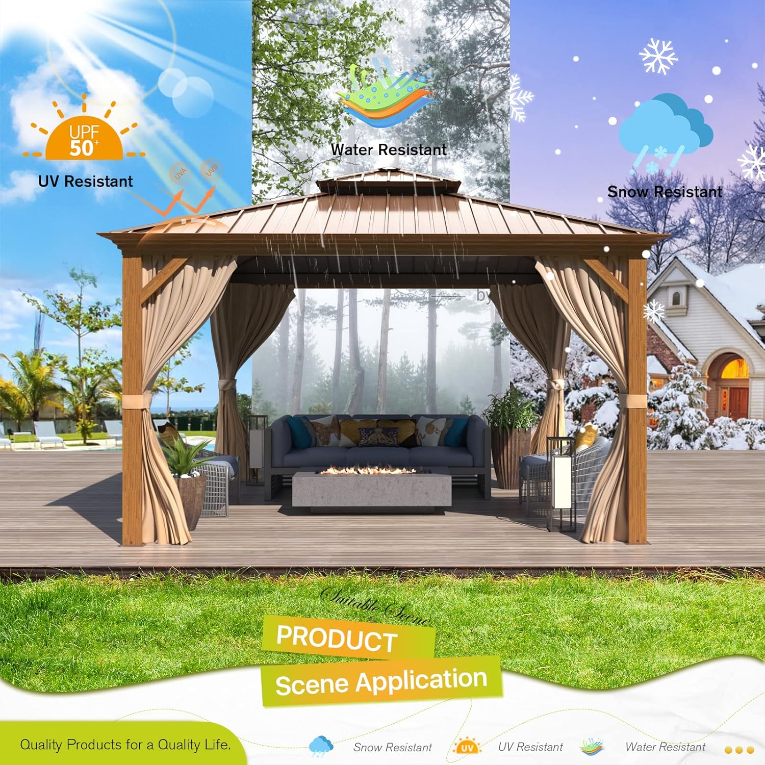 Gazebo demonstrating UV, water, and snow resistance in various weather conditions.