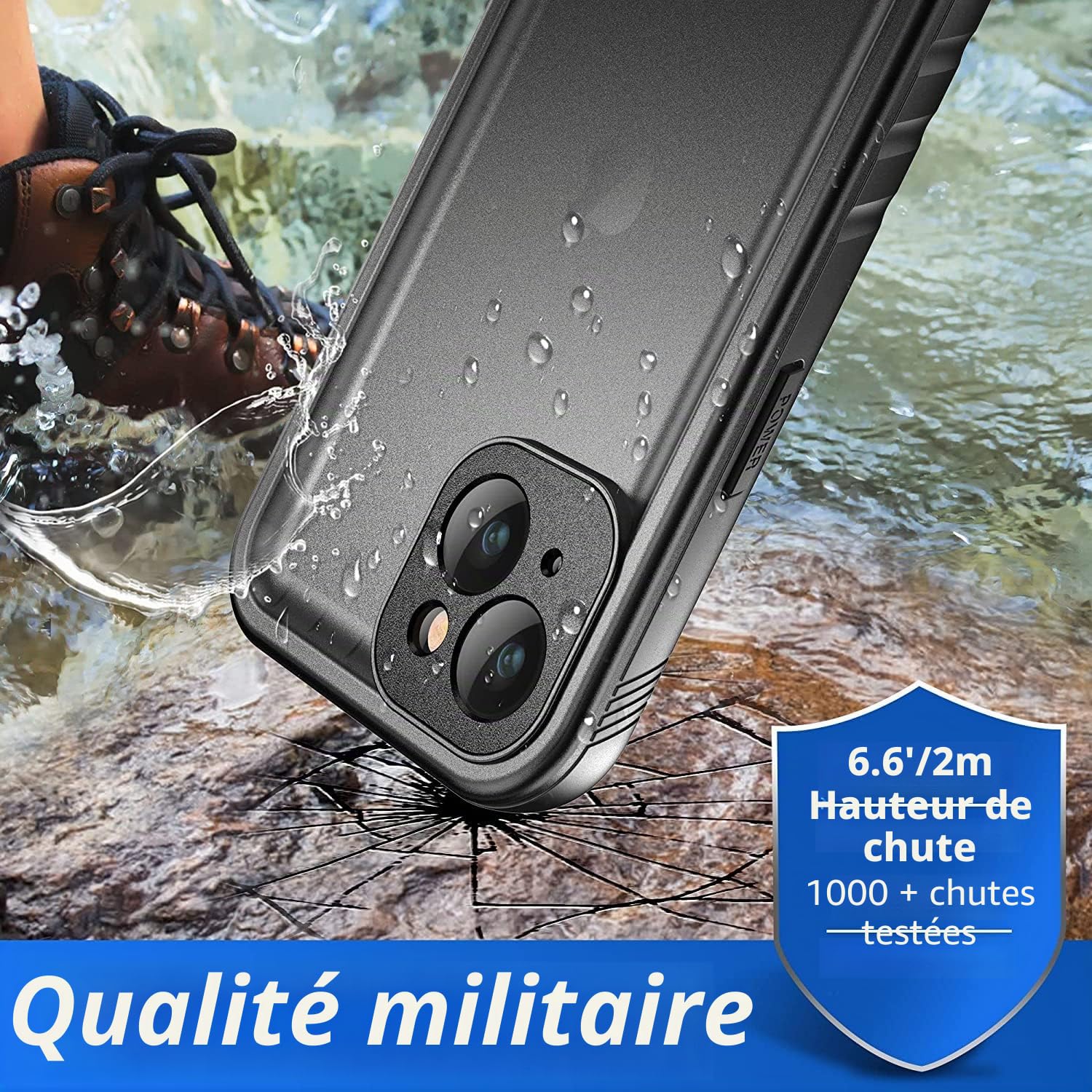 SPORTLINK Coque pour iPhone 13 Étanche Antichoc - 360 degres Incassable Militaire Rigide Intégrale Case/Bumper [IP68 Waterproof/Imperméable] Antipoussière [avec Protection Camera+Écran]-Noir 6,1"