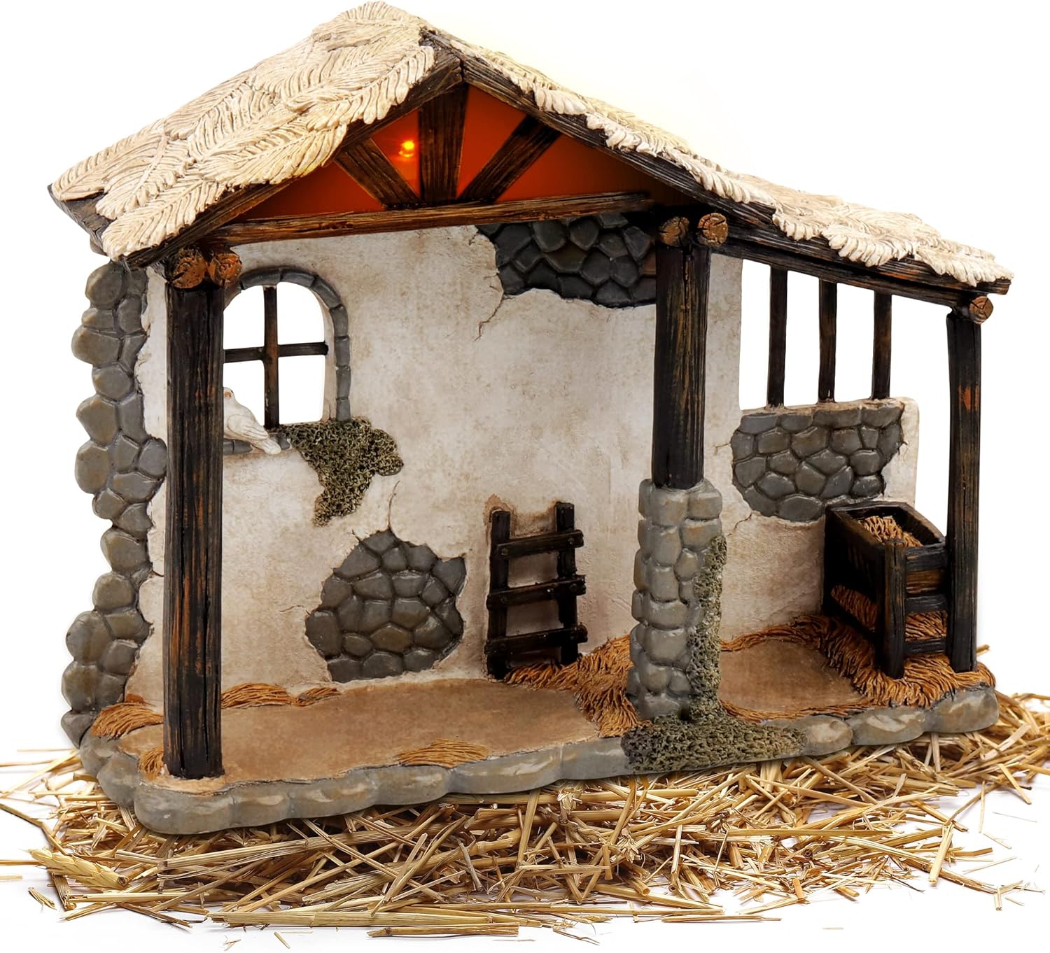 Fovths 14 Inch Nativity Stable Manger Lighted Resin Decor Nativity