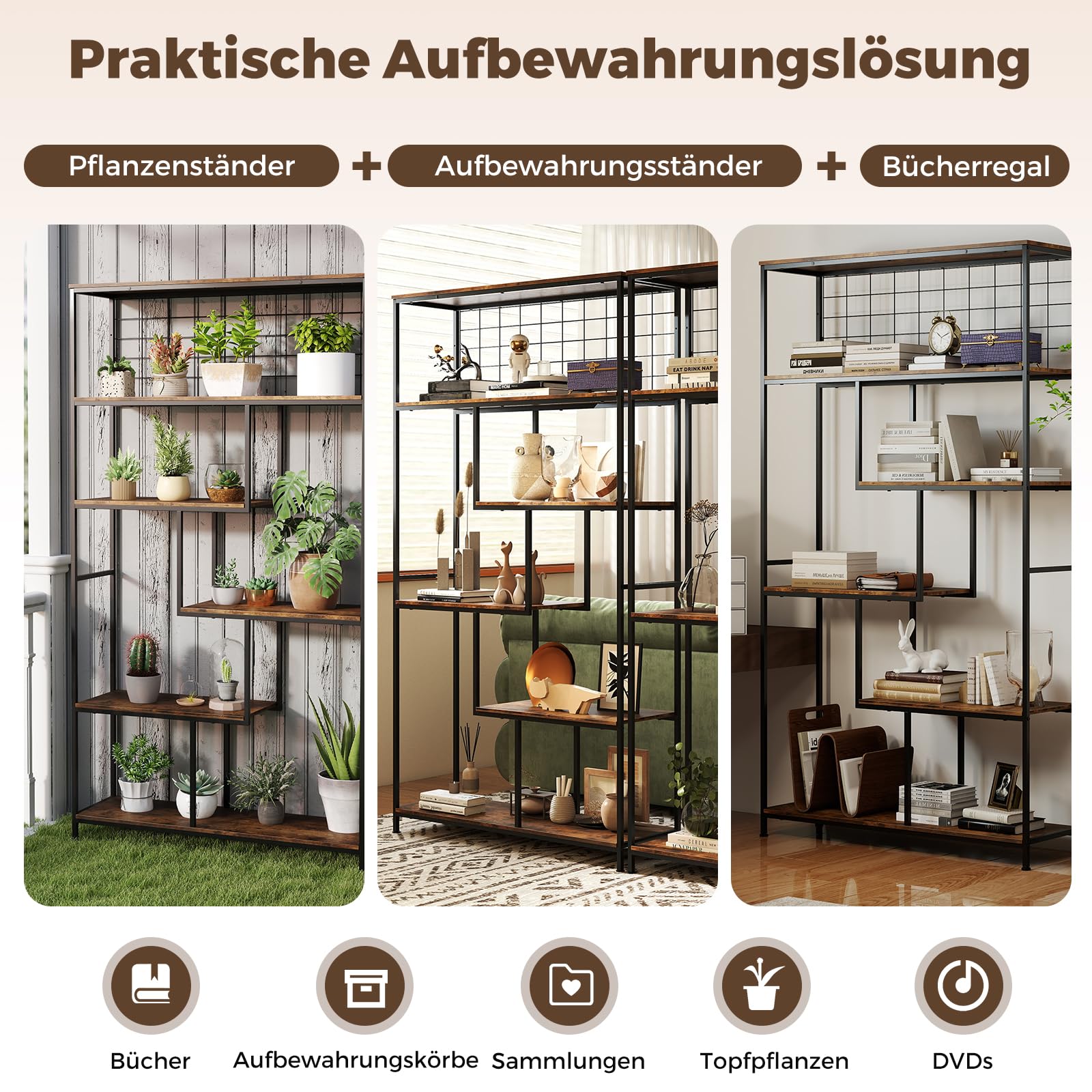 COSTWAY Regał na kwiaty i książki 6 poziomów metalowy z pergolą 100x30x180 cm brązowy