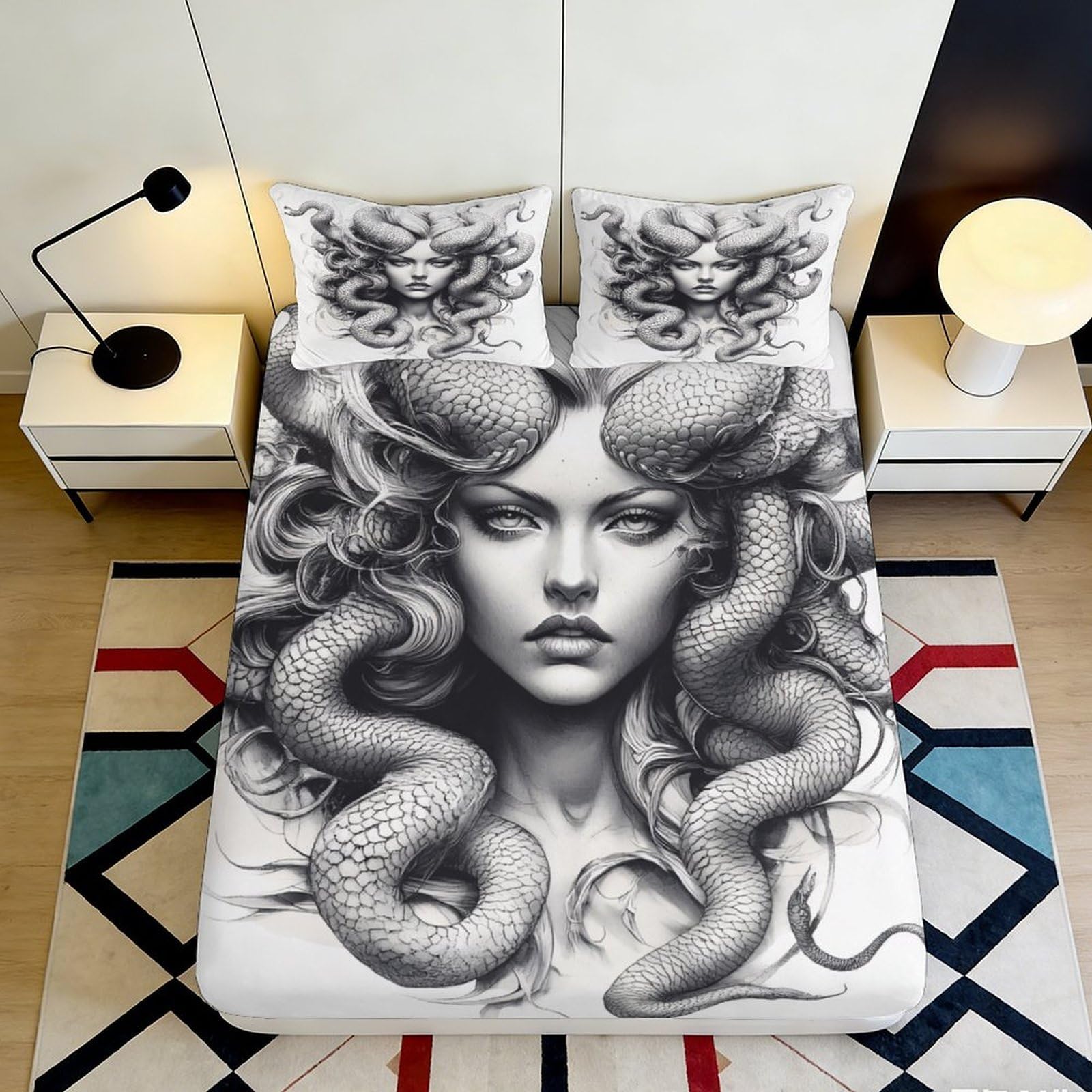 3D Printed Medusa Snake Art Fitted Sheet Microfiber Soft Anti-slip Bed Cover for Bedroom Dorm Room Mattress Protection 90x200x25cm