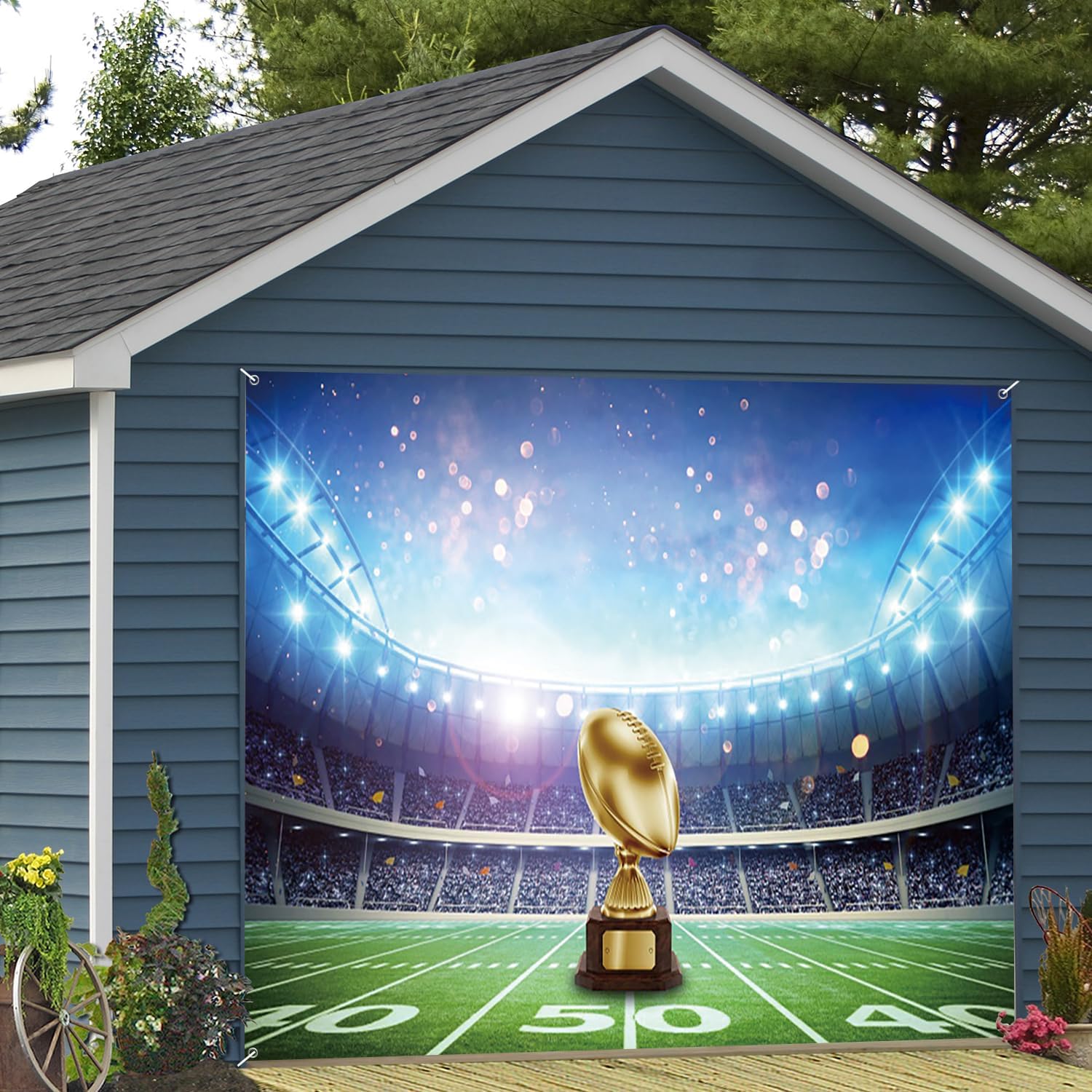 7x8ft Football Field Garage Door Decor Golden Rugby Cup Sports Grass Lawn Stadium Garage Door Background for Man Boy Kid Birthday Party Ball Decorative Props