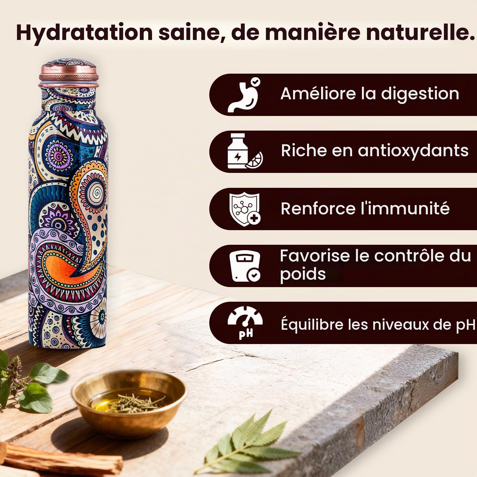Bouteille en cuivre imprimée couvercle et sac de transport sans BPA anti-fuite renforce l'immunité soutient la digestion inspiré de l'Ayurveda 963,9 g