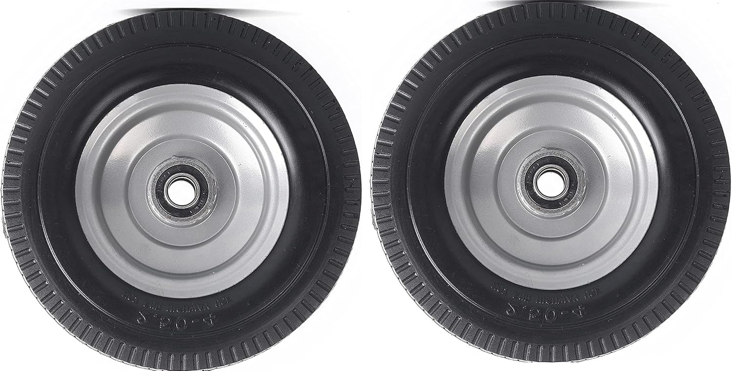 (2-Pack) 2.50-4” Solid PU Run-Flat Tire Wheel Assemblies - 8” Flat Free Tubeless Tires and Wheels for Utility Equipment - 5/8” Axle Bore Hole, 2 1/4” Offset Hub, and Double-Sealed Ball Bearings