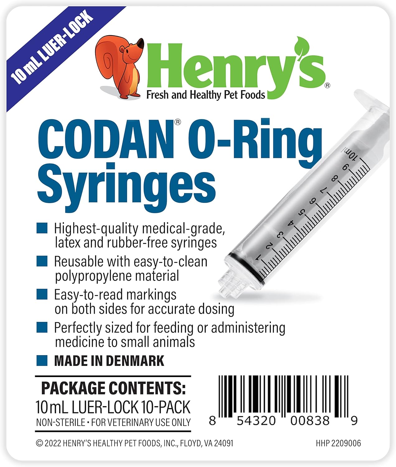 Henry's Healthy Pets CODAN Luer-Lock O-Ring Syringes, 10 mL (10)