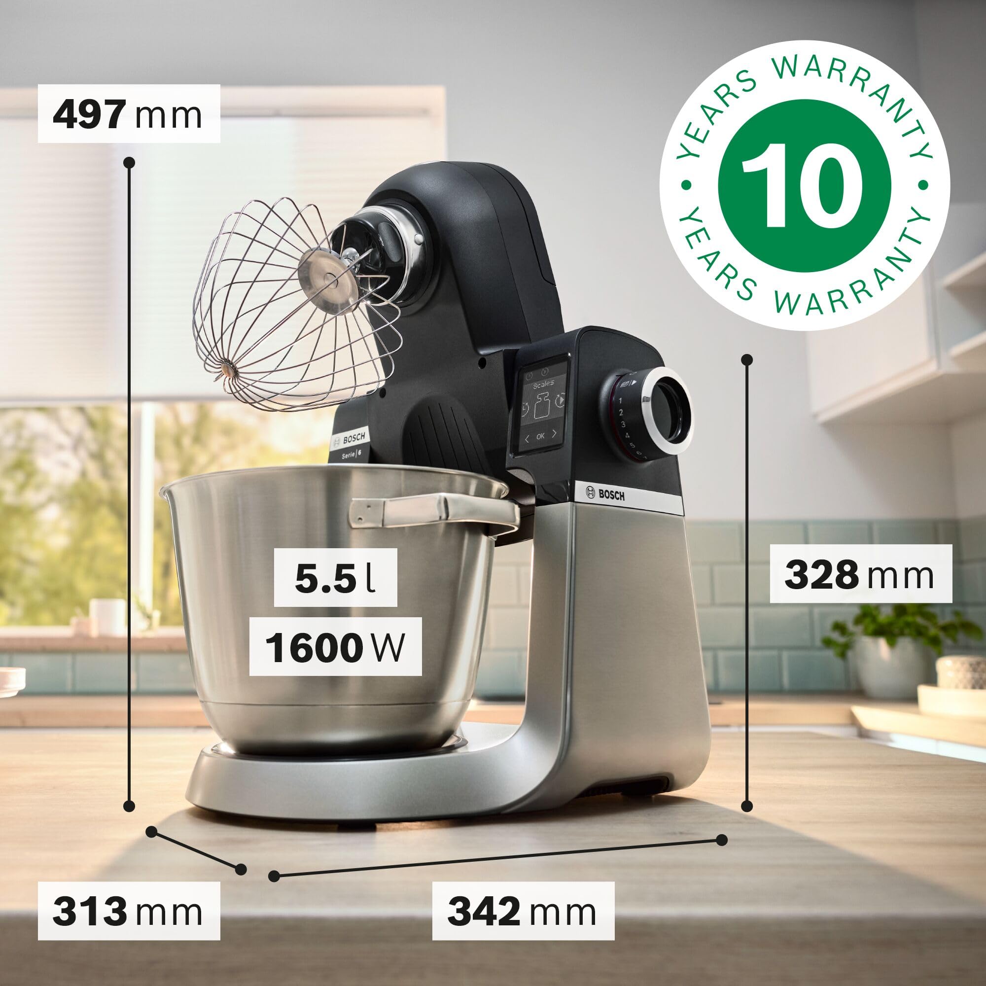 Bosch robot kuchenny seria 6 MUMS6ZS18, 2 miski, waga zintegrowana, automatyczne programy, pokrywka, hak do zagniatania/miotła silikonowa, czarny