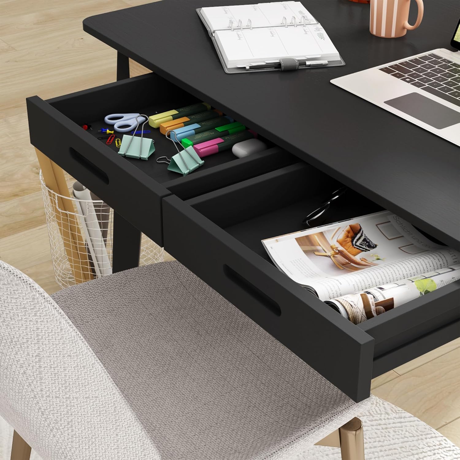 Home Office Computer Desk Coner Desk with 2 Drawers, Study Writing Table for Home Office, Study, Black (47.2 ”W x 23.6”D x 29.1”H)
