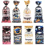 LERCTH Graduation Drawstring & Cellophane Treat Bags, Black Gold Congrats Grad Plastic Candy Bags with Twist Ties, Food Grade Favor Bags for Graduation Party Supplies
