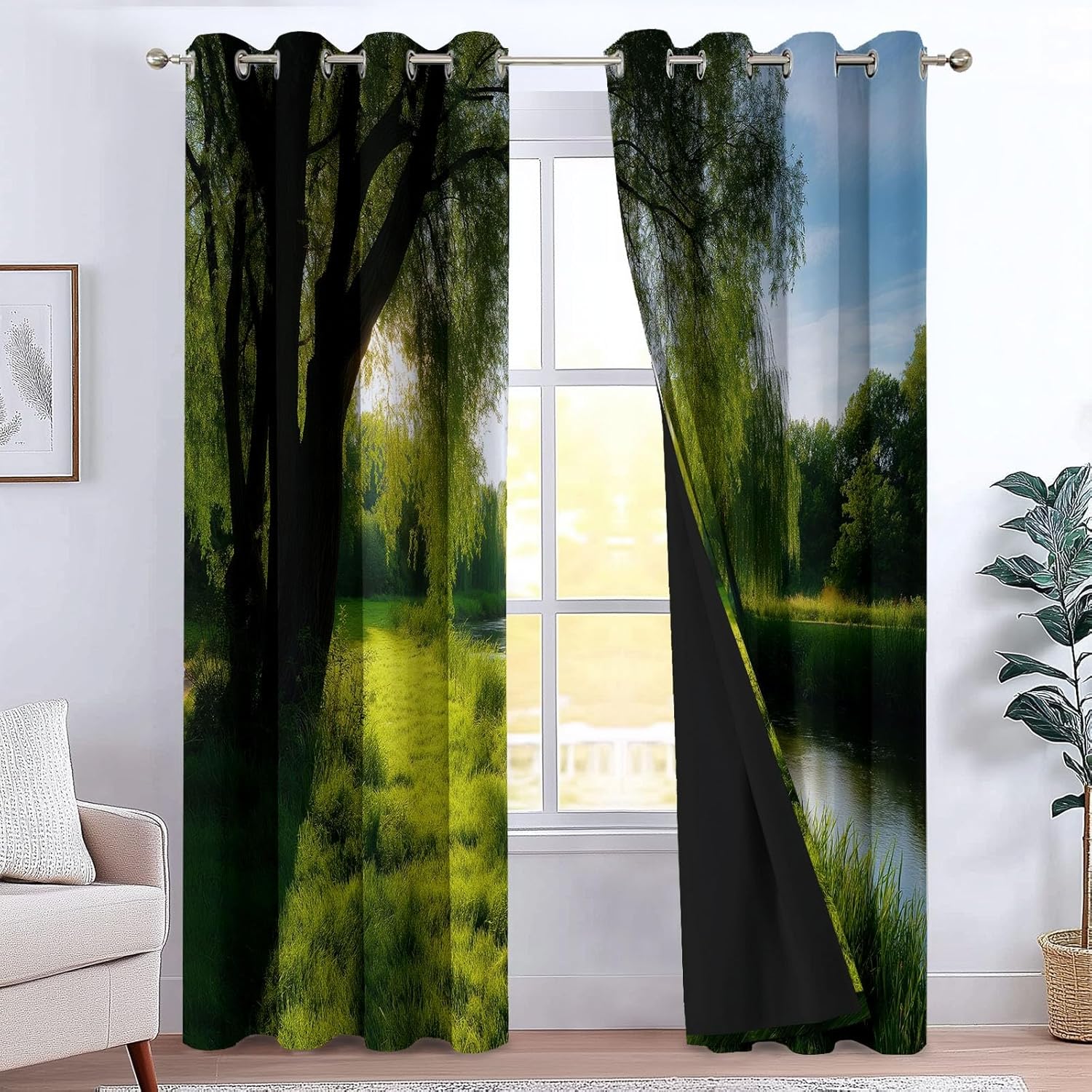 Spring River Countryside Landscape Blackout Curtains with Grommet, 63 Inches Long Thickening Polyester Thermal Insulated Window Drapes for Living Room/Bedroom (Green, 2 Panels, 21x63 Inch)