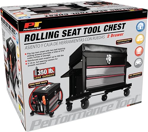 Miniatura 9 de Performance Tool W85024 - Asiento de trabajo con ruedas y caja de herramientas para talleres mecánicos, color negro, asiento de 16 x 9 pulgadas