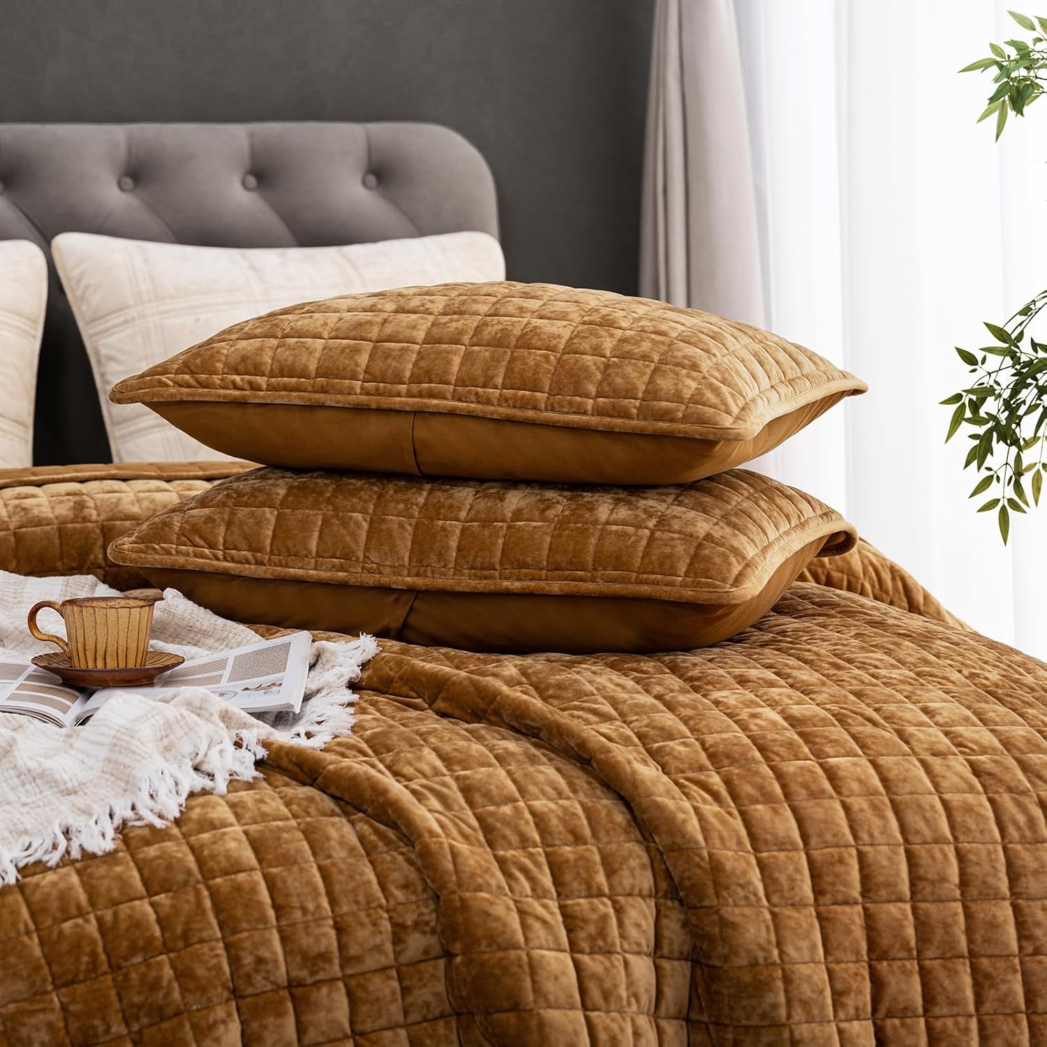 PHF Luxurious Velvet Quilt Set Queen Size – 3PCS Super Soft Quilted Comforter Alternative with Square-Box Quilt Pattern, Warm Quilted Bedspread Coverlet, 90" x 92", Rusty Burnt Orange - Image 7