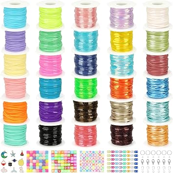 KAMJUNTAR Lanyard String Kit, 30 Rolls Gimp String Plastic Lacing Cord, 6 Plastic String Lanyard Kit for Friendship Jewelry Making DIY Craft Boondoggle Gimp String Making Kit