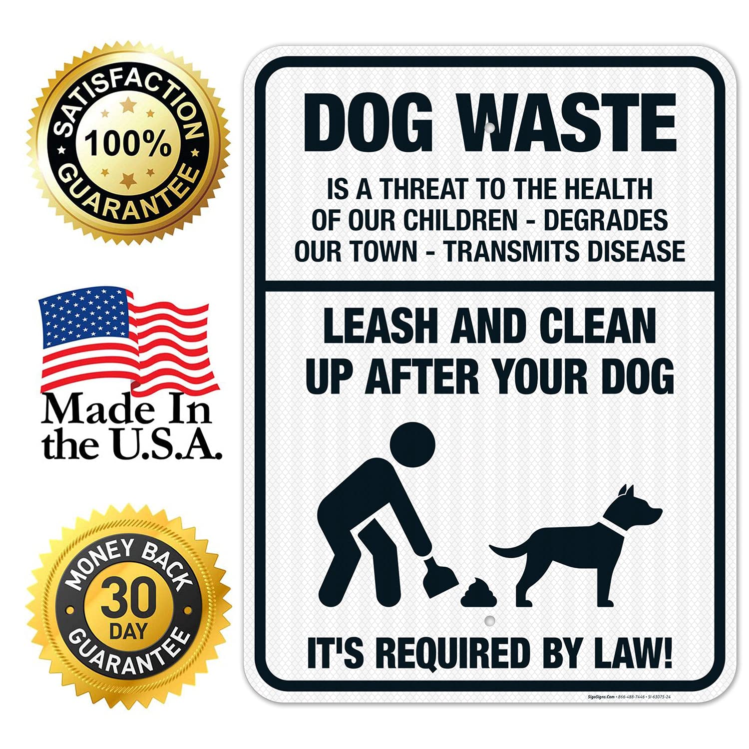 Dog Waste is a Threat to The Health of Our Children Leash and Clean Up After Your Dog Sign, 18x24 Inches, 3M EGP Reflective .080 Aluminum, Fade Resistant, Made in USA