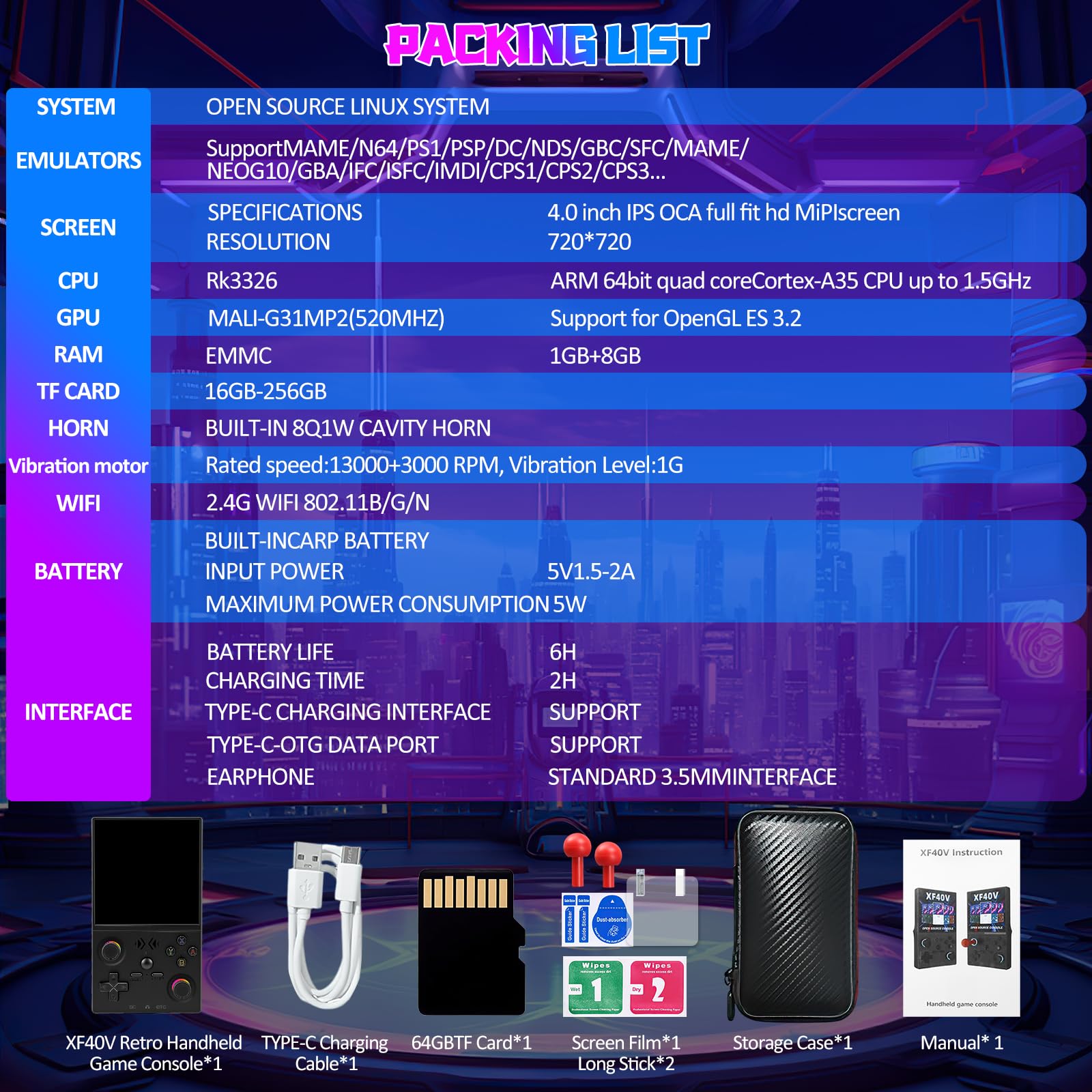 UYTGXEN XF40V Retro Handheld Game Console with 2*Detachable Long Joysticks, 4.0-Inch HD IPS Screen Retro Gaming Console, Preloaded Classic Games with Multiple Emulator, Pocket Video Gaming