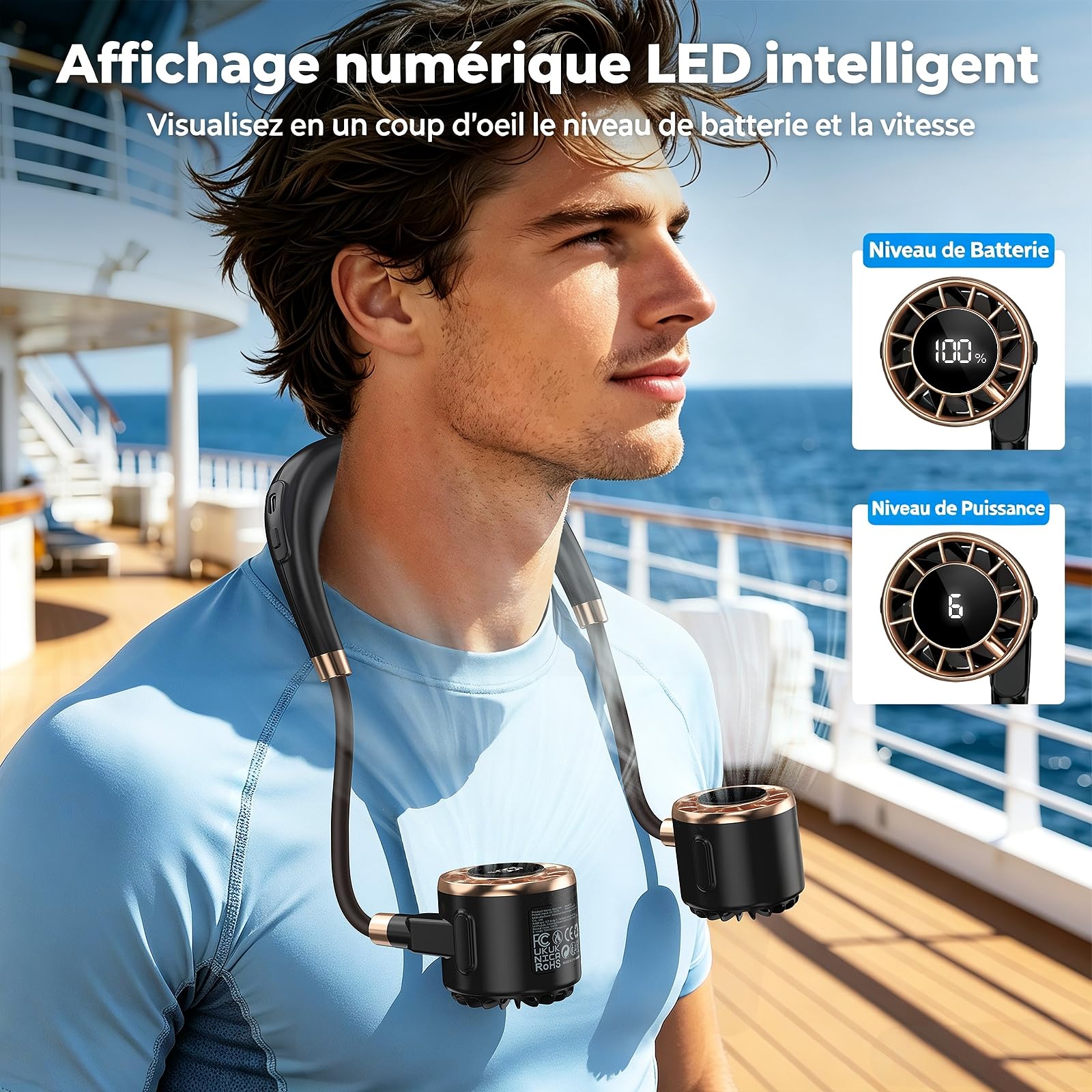 Ventilateur de Cou, 4000mAh USB Ventilateur de Cou Portable avec 6 Vitesses, Ventilateur Cou à Double Tête & Flux d’Air 360°, Ultra-Léger, Mains Libres pour Bureau, Voyage, Trajet, Extérieur, Cuisiner