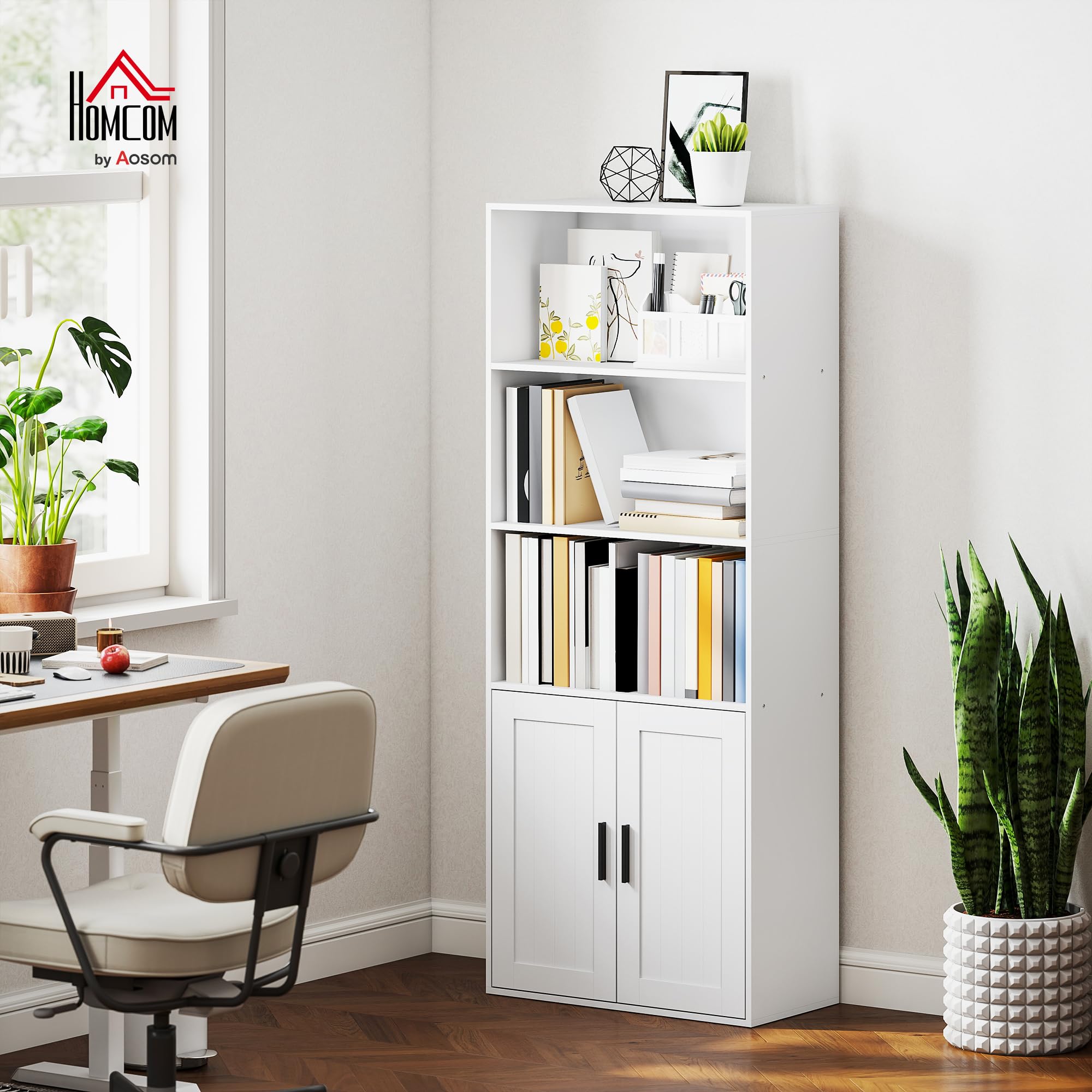 HOMCOM Mobile Libreria a 5 Livelli, con 2 Ante, 60x30x145.5 cm, Bianco