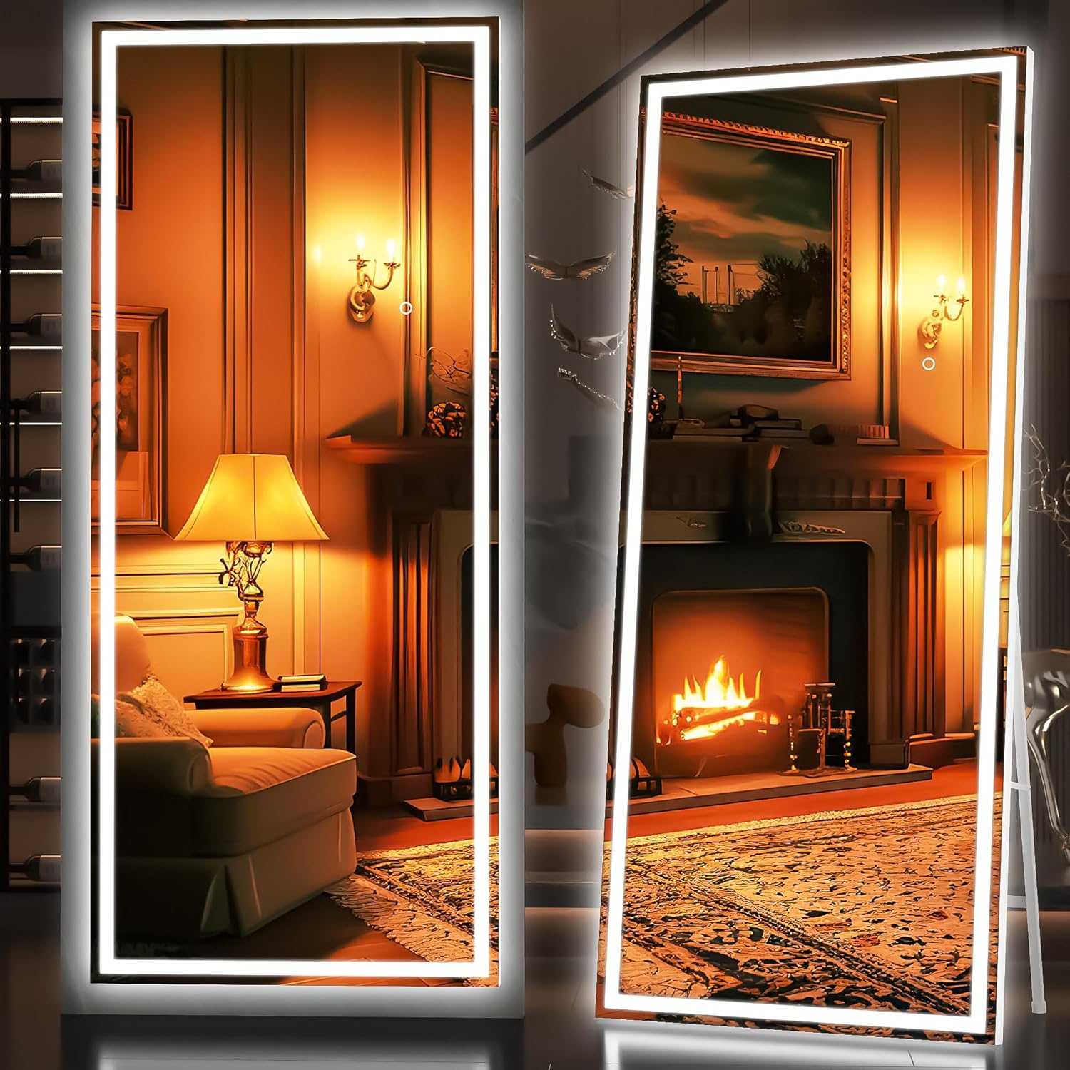 Hasipu Full Length Mirror with Lights, 75" x 28" LED Lighted Floor Standing, Full Body Dressing Hanging Mounted Mirror, Dimmable, Tempered Glass, Safe to Use, Square White