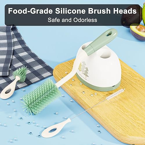 Miniatura 9 de Juego de cepillos de silicona para botellas con soporte, juego de cepillos de limpieza de botellas de silicona giratorio de 360, mango largo, 3 en