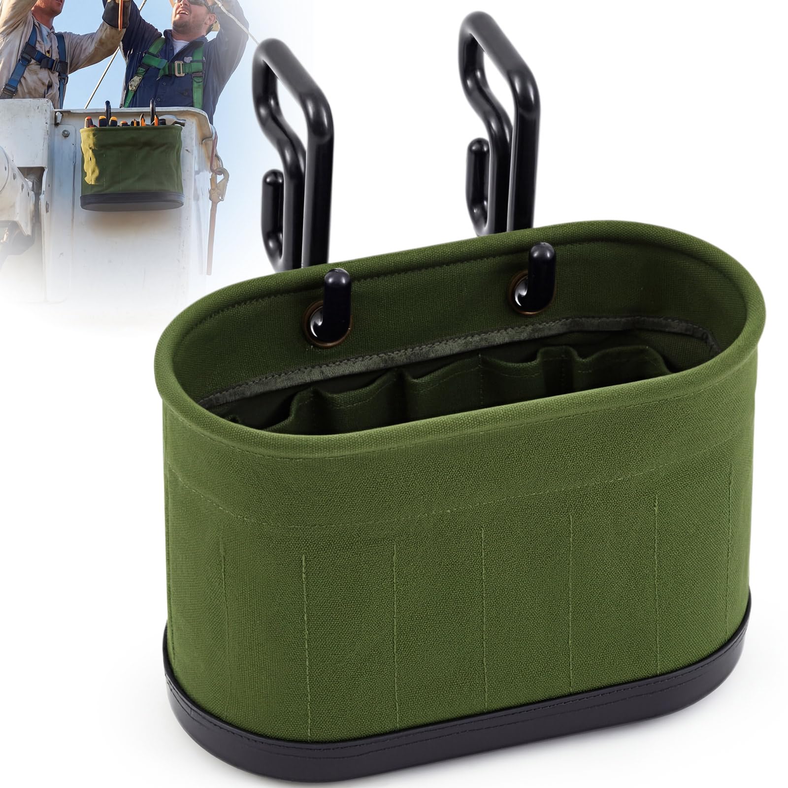 1 Set Military Green Canvas Lineman Tool Bucket Bag with Hook, 15 Pockets