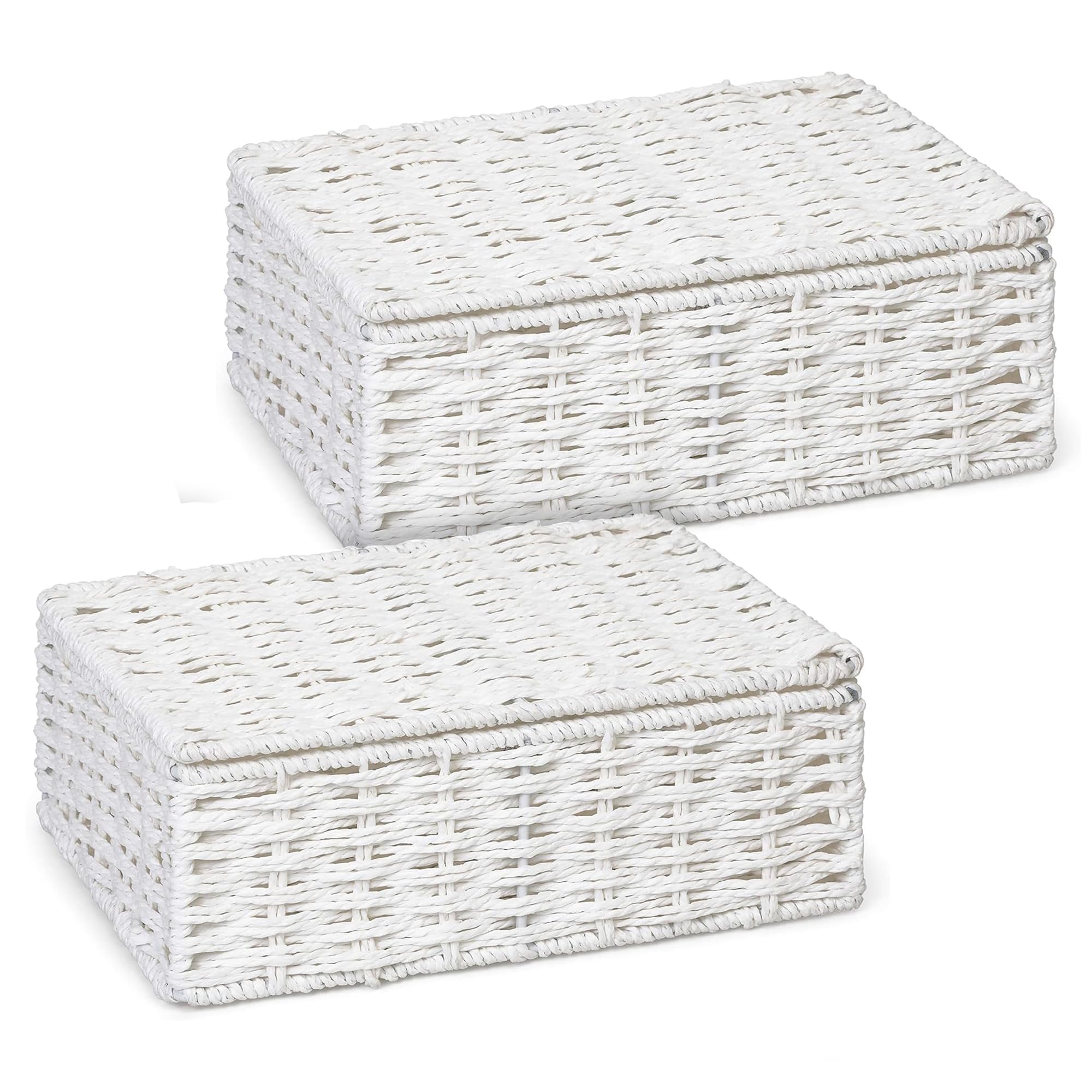 ARPAN 2 x Paper Rope Storage Hamper Basket With Lid - Ideal For Home/Office & Gifts Hamper - White (Medium)
