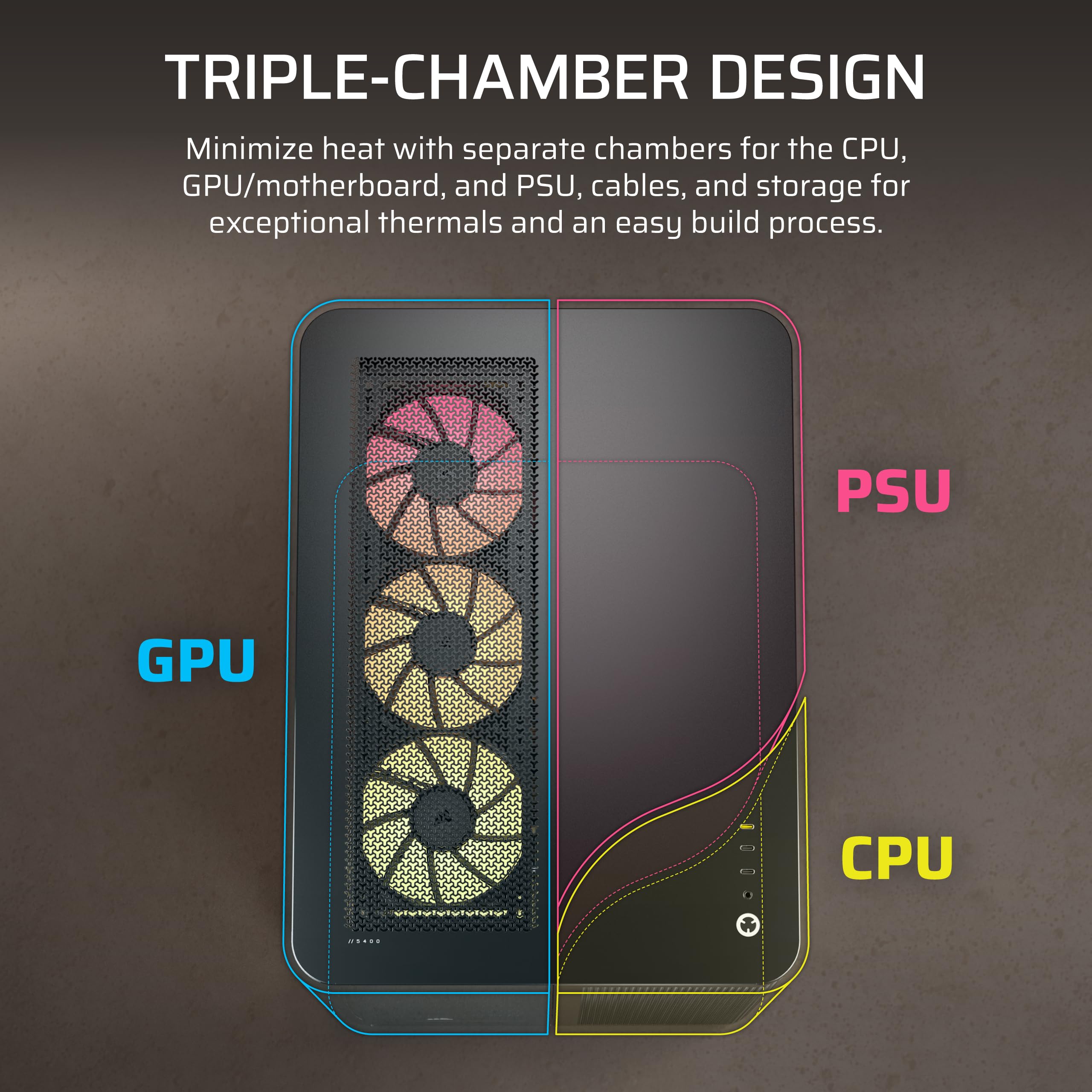 CORSAIR AIR 5400 RS-R ARGB Triple-Chamber Mid-Tower Panoramic PC Case – 3X Pre-Installed Reverse-Rotor RS120-R ARGB Fans, Low-Noise, High Airflow Ducts, Reverse Motherboard Support – Black