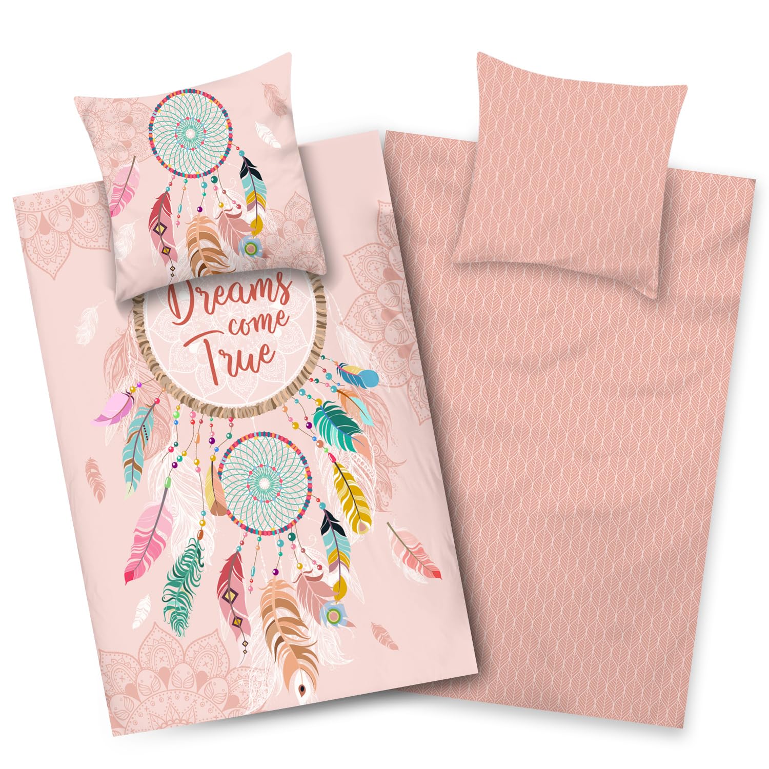 Aminata kids Bettwäsche 135x200 Traumfänger-Motiv Mädchen 100% Baumwolle Wende-Kinder-Bettwäsche-Set Dreamcatcher Federn YKK Reißverschluss rosa