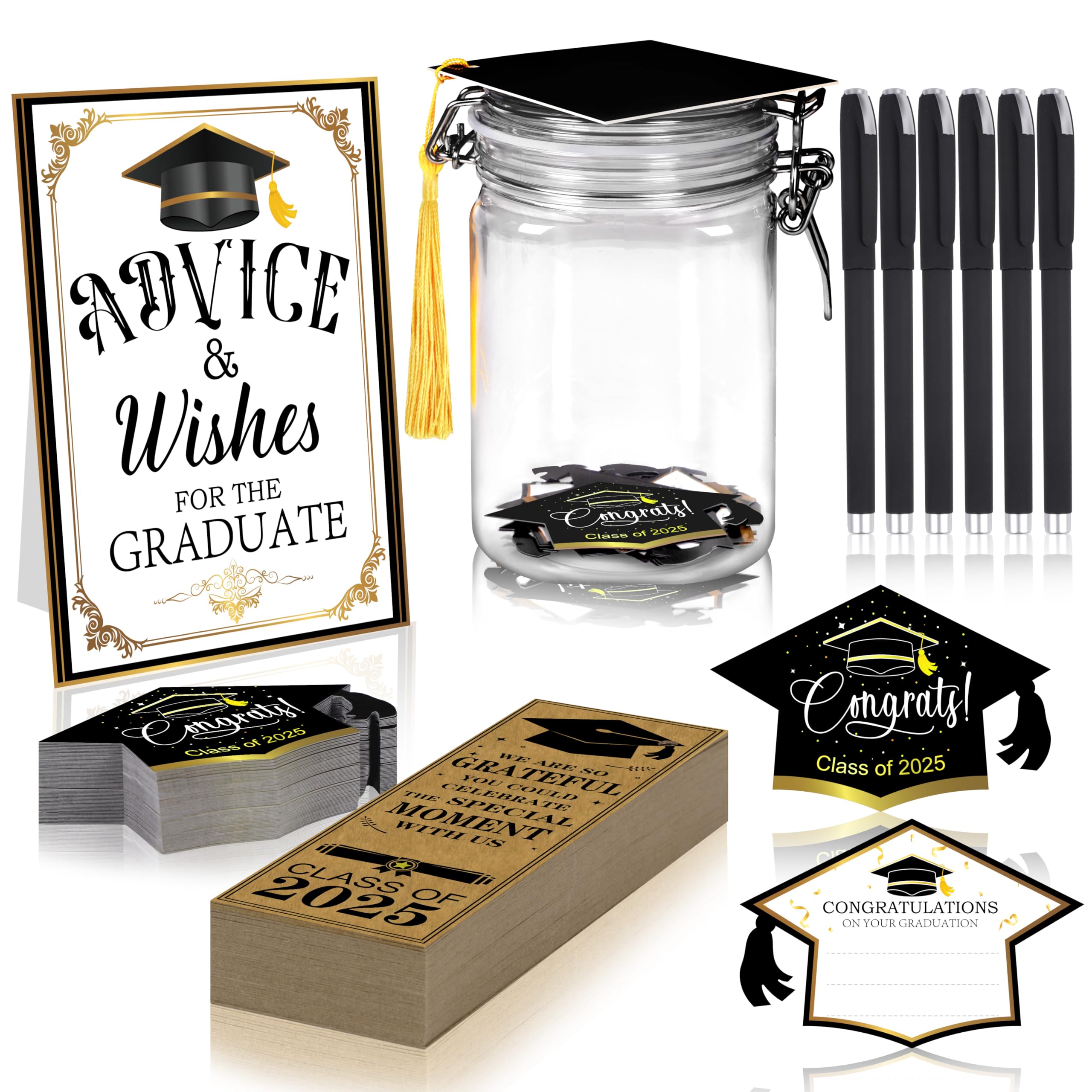 108Pcs Graduation Jar Advice Cards Gifts Class of 2025 Set with Table Sign Bookmarks Pens for College High School Grad Party Favors Decorations
