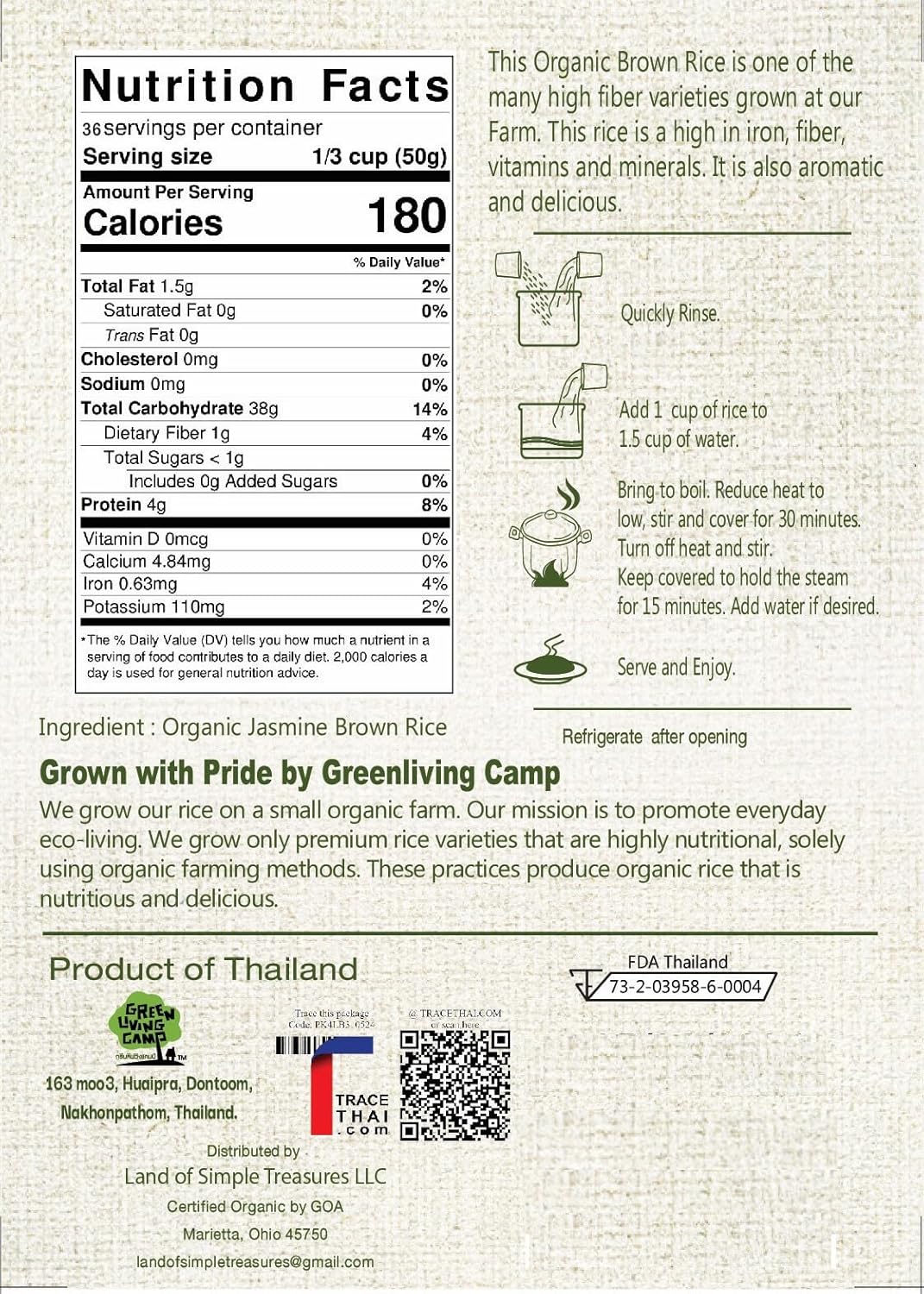 Organic Brown Jasmine Rice from Thailand - Whole Grain Vegan Natural Healthy Superfood Gluten-free - 4 LB