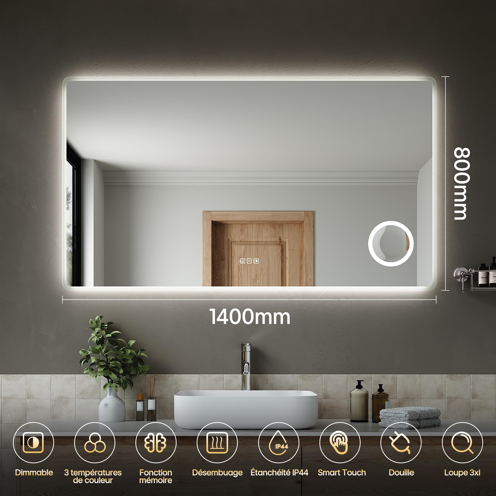 Sirhona - Specchio da bagno con illuminazione di 140 x 80 cm, luminosità regolabile e 3 colori regolabili, antiappannamento, memoria, IP44, supporto, ingrandimento 3X, specchio connesso per bagno