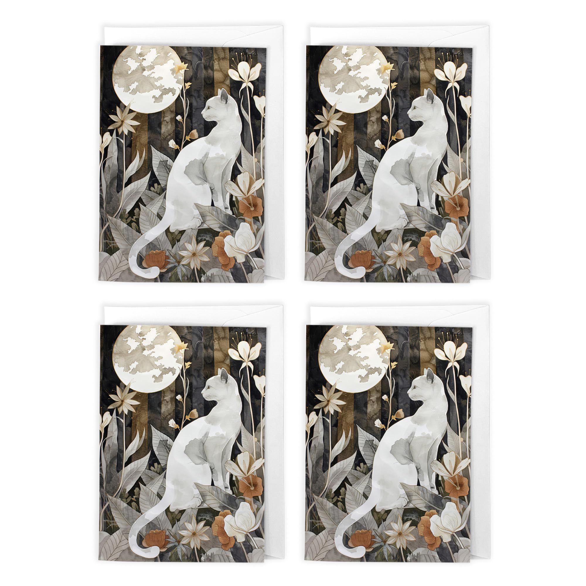 Artery8 Moonlit Cat Botanical Art Cards Multipack of 4 Floral Nature Moon Greeting Cards For Any Occasion, Blank Inside For Your Message, A6 Size 10 x 15 cms