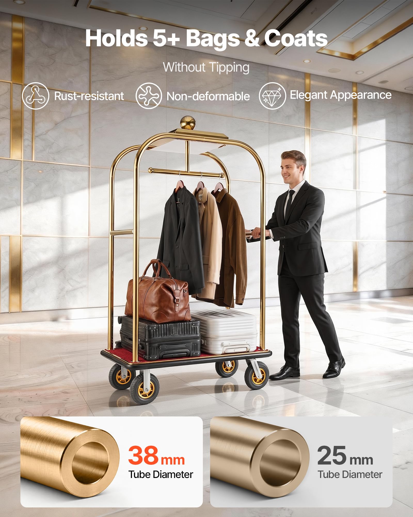 VEVOR Carrito de Transporte para Hotel, Carro de Equipaje con Barra para Colgar de Acero Inoxidable con Plataforma Roja de 1080 x 640 mm, Capacidad 544 kg con Ruedas de Goma para Resorts Recepciones