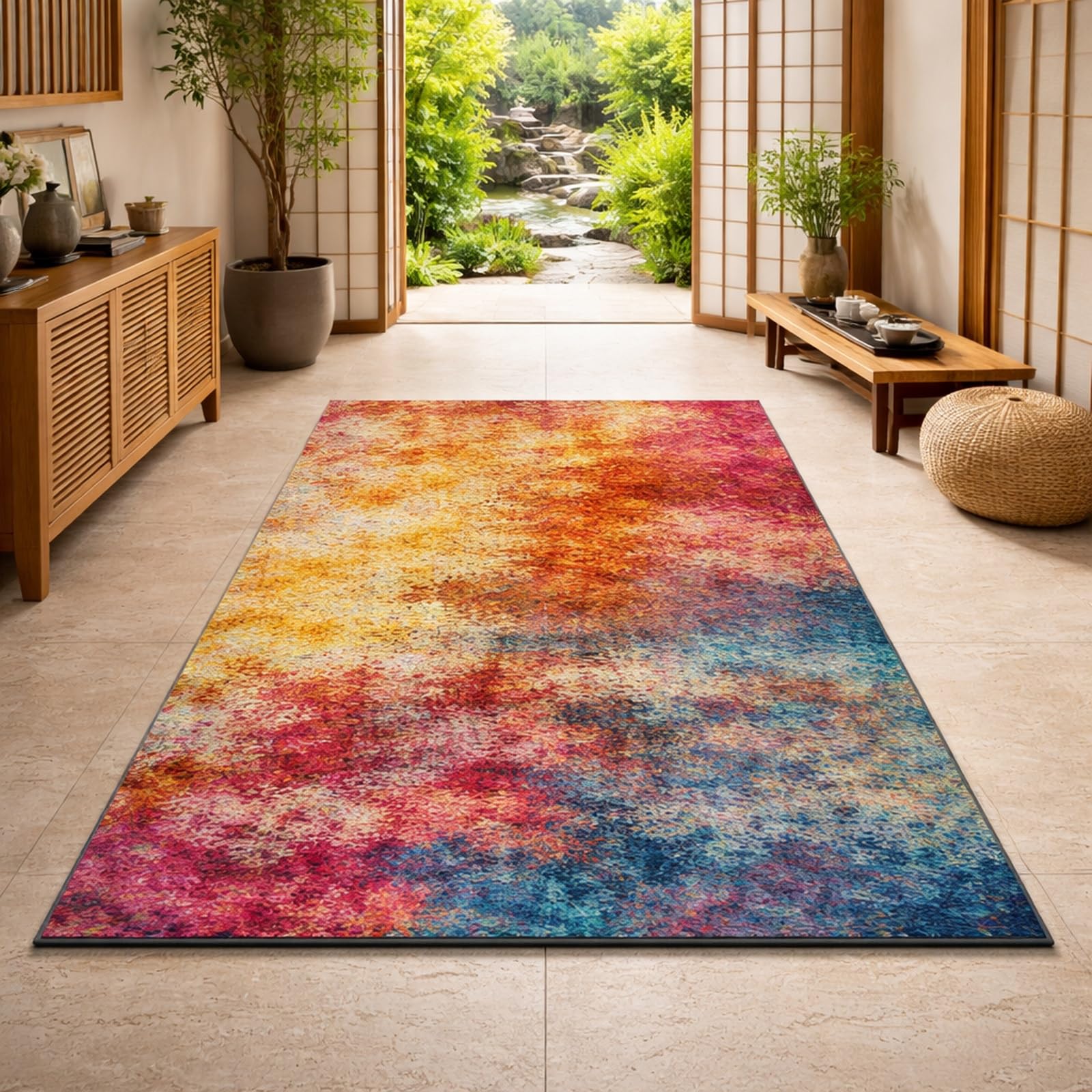 Tapis de salon 120 x 185 cm abstrait multicolore aux finitions soignées