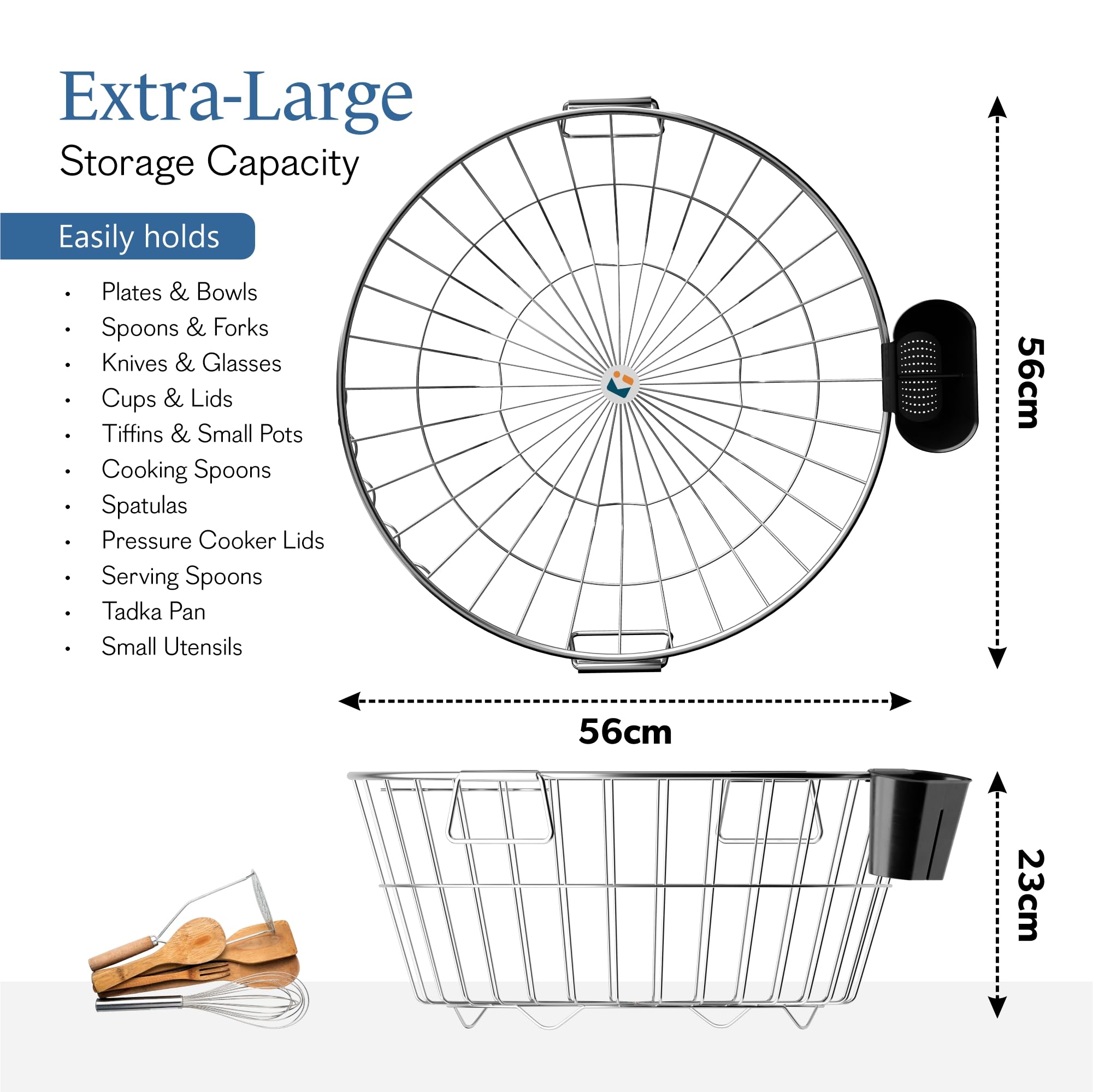 Kuber Industries Round Stainless Steel Utensils Drying Rack with Plastic Cutlery Holder | Dish Organiser with Handle | Vessel Drainer Basket | Bartan/Utensil Stand for Kitchen | Silver - Image 3 thumbnail