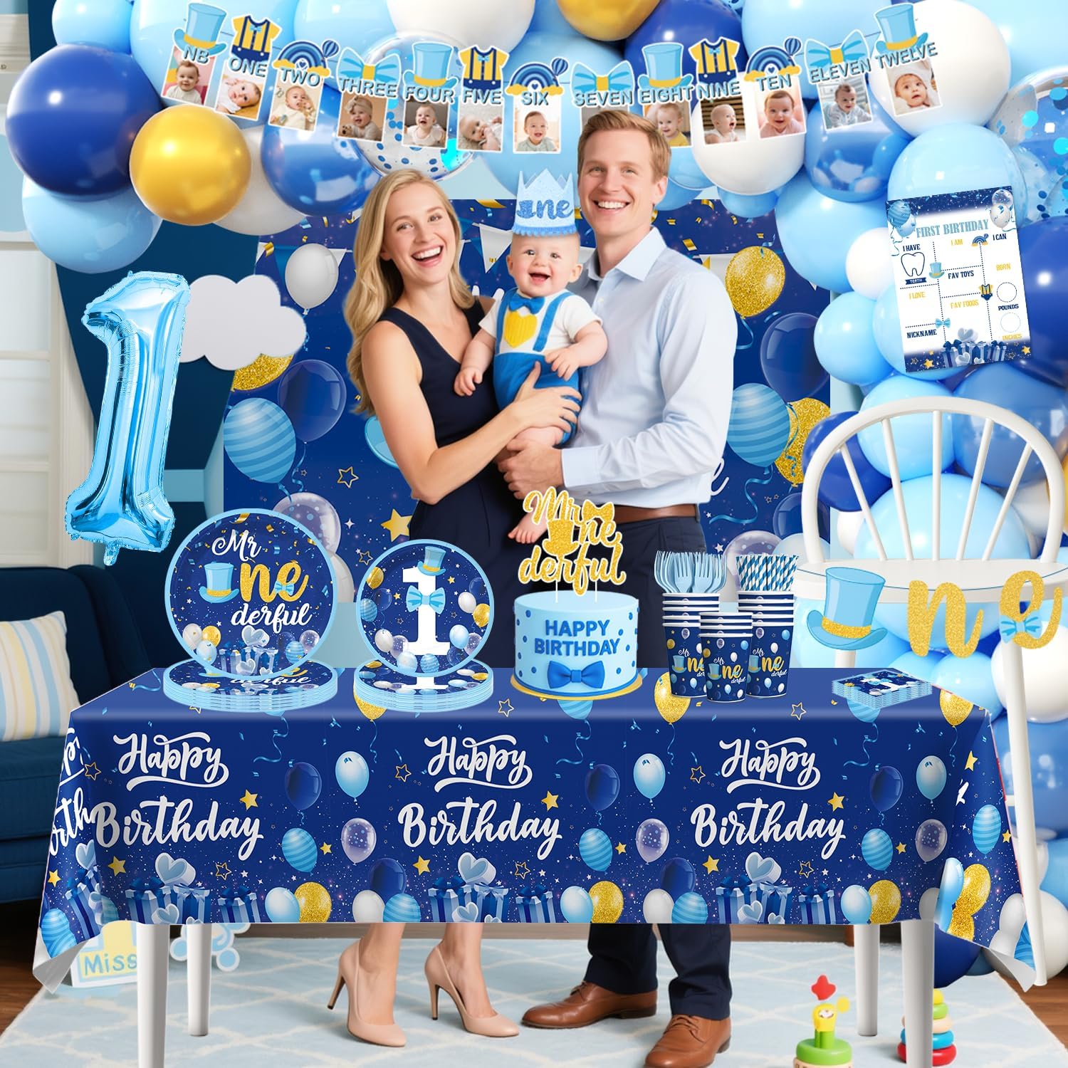 237pcs Mr Onederful Birthday Decorations Complete Party Set, Onederful 1st Birthday Boy Decor Serves 20 Guests, Mr-Onederful Party Supplies includes Balloon Arch and Tableware Kit, etc