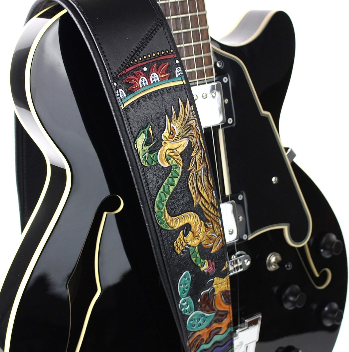 Walker And Williams KB-53-BLK Handmade Heritage Series Black Guitar Strap With Aztec Eagle Design On Black Premium Carved Leather
