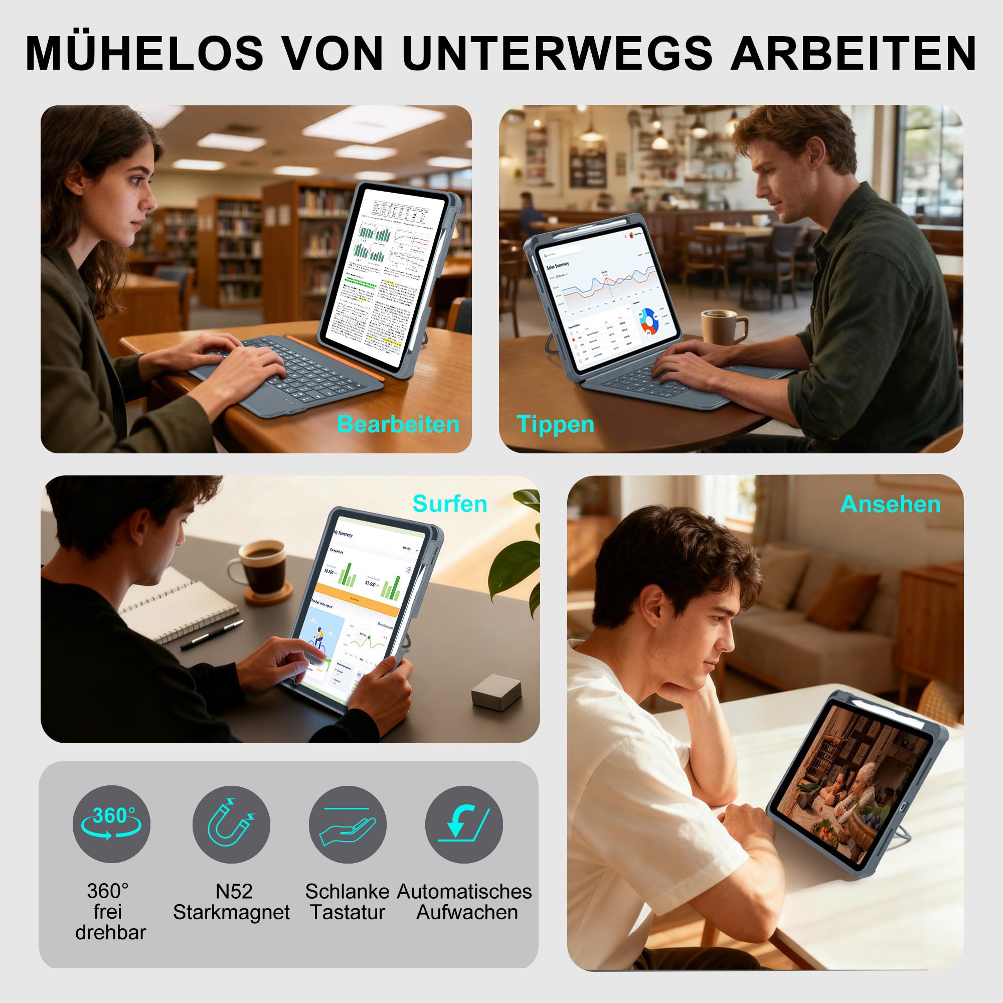 WIWU iPad-Hülle Mit Tastatur Air 11 Zoll M4/M3/M2 10 Gen,360°-Ständer,Magnetisch Abnehmbare Hülle Mit Tastatur,Hintergrundbeleuchteten Tasten,Grau(Für iPad 11/10/Air 5/4/11" (M4/M2/M3)Pro 11" 4/3/2/1)