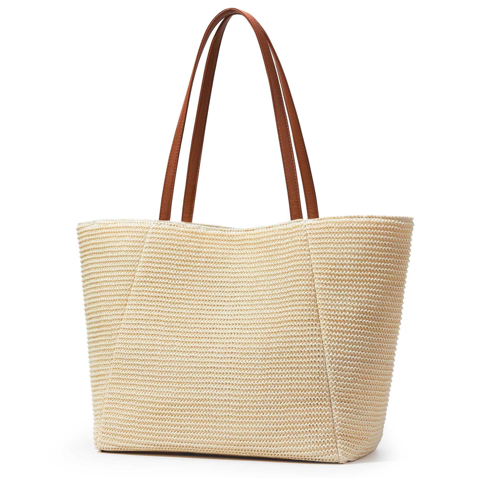 KALIDI - Grande borsa di paglia, borsa da spiaggia con cerniera, in plastica riciclata marina, design simile alla paglia, borsa tote per vacanze estive e uso quotidiano