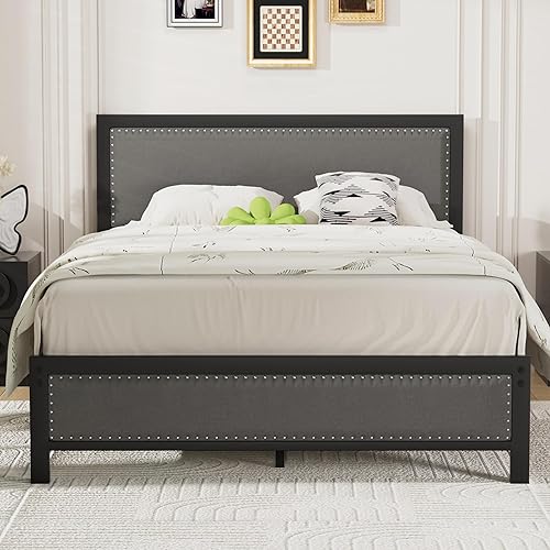 Miniatura 10 de VECELO Base de cama tamaño individual con cabecero y estribo tapizados de lino, plataforma resistente con listones de metal fuertes, no necesita