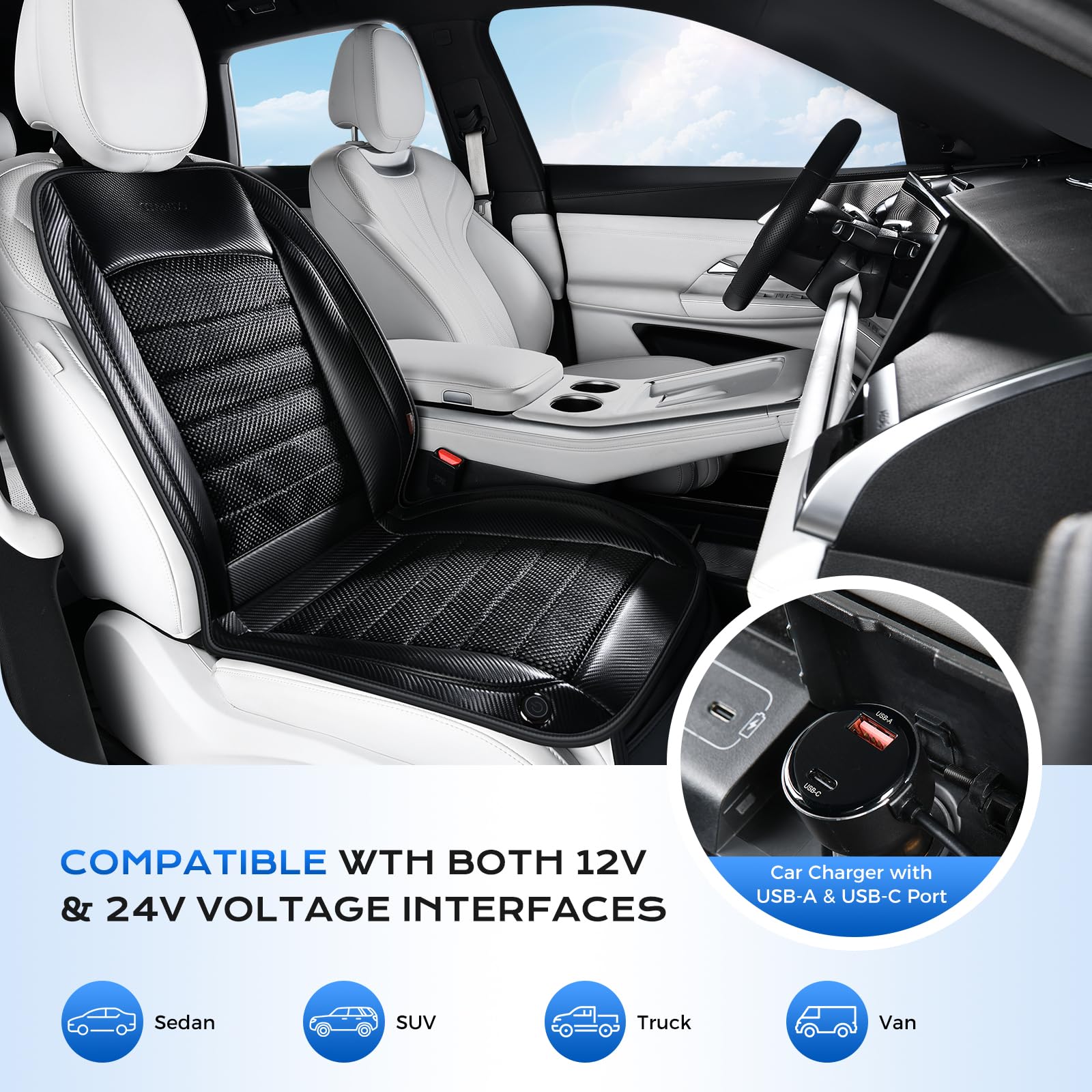 Coverado Sommer Autositzbezüge mit 2 Ventilatoren & 3-Level Verstellbar Ventilated Sitzkissen, Sitzbelüftung Auto universell Fit für Limousinen,LKW, SUV, Van
