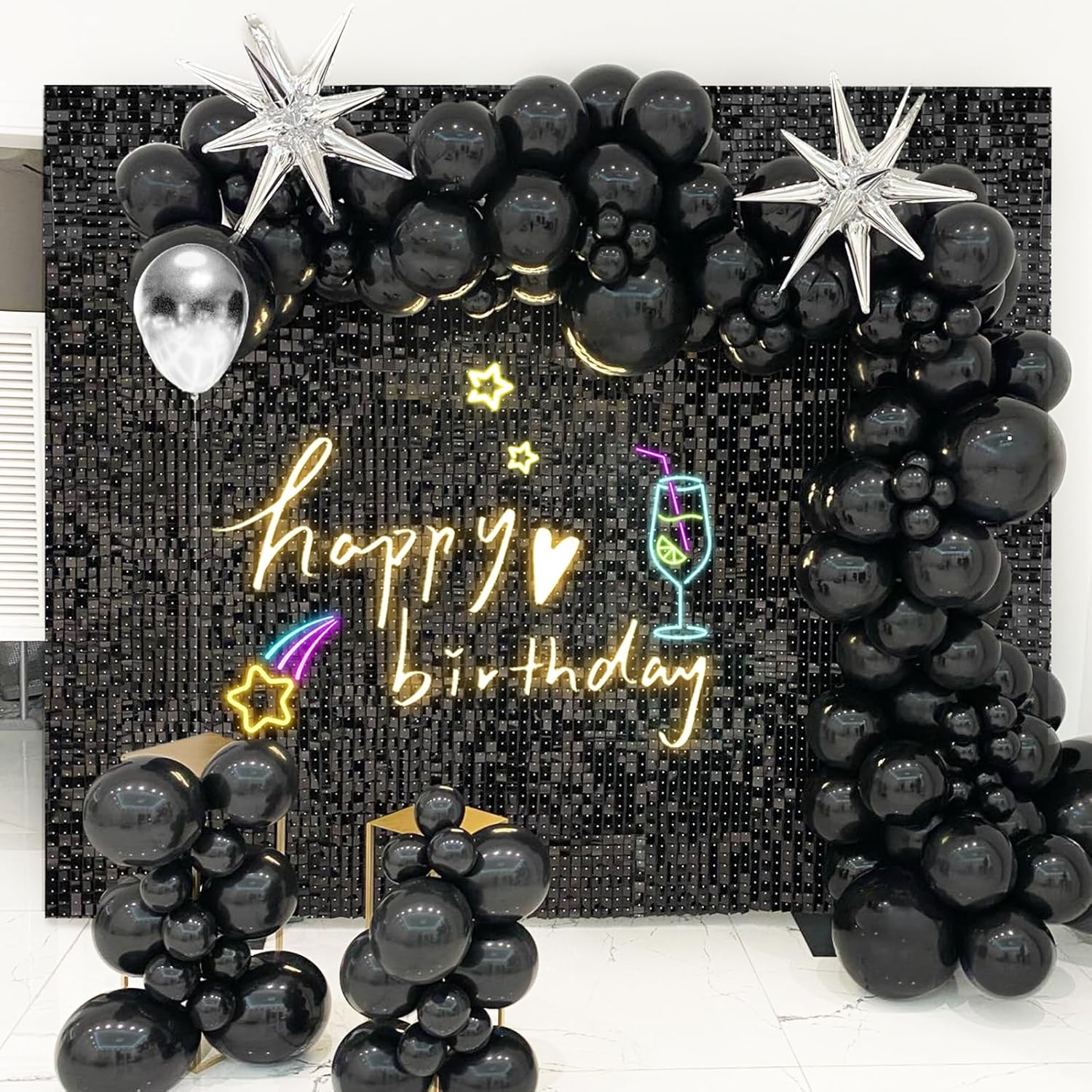 Black Shimmer Wall Backdrop,Shiny Sequins,48 Pcs Sequins Backdrop Decoration Panels,Photo Background Decorations for Birthday Party Wedding Engagement Anniversary Graduation Baby Shower