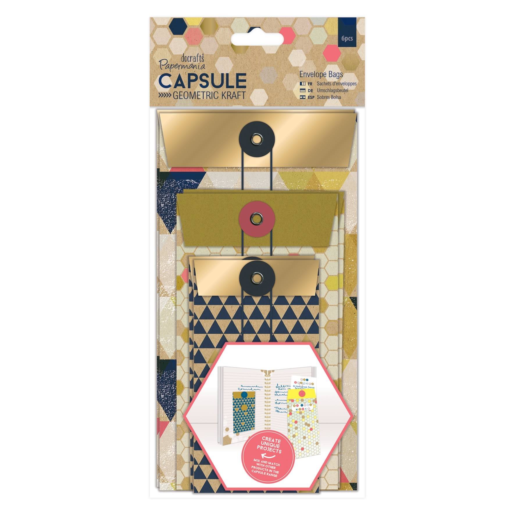 Papermania Capsule Envelope Bags - 6 Pieces - Geometric Kraft