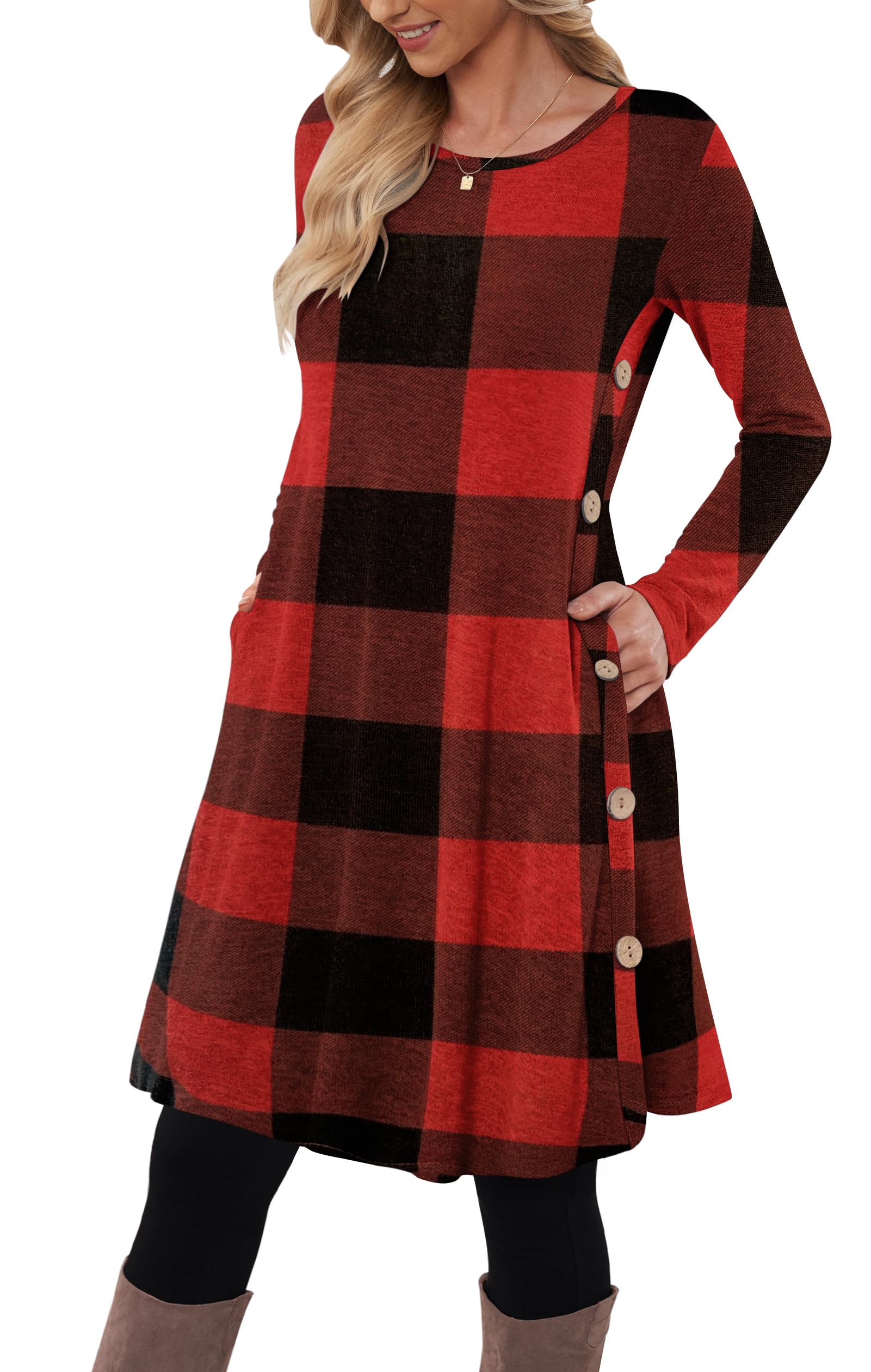Molerani Women's 03Red Lattice Jumper Dress For Long Sleeve Dress Button Tunicdress With Pockets Red Lattice Size 20-22 Xl