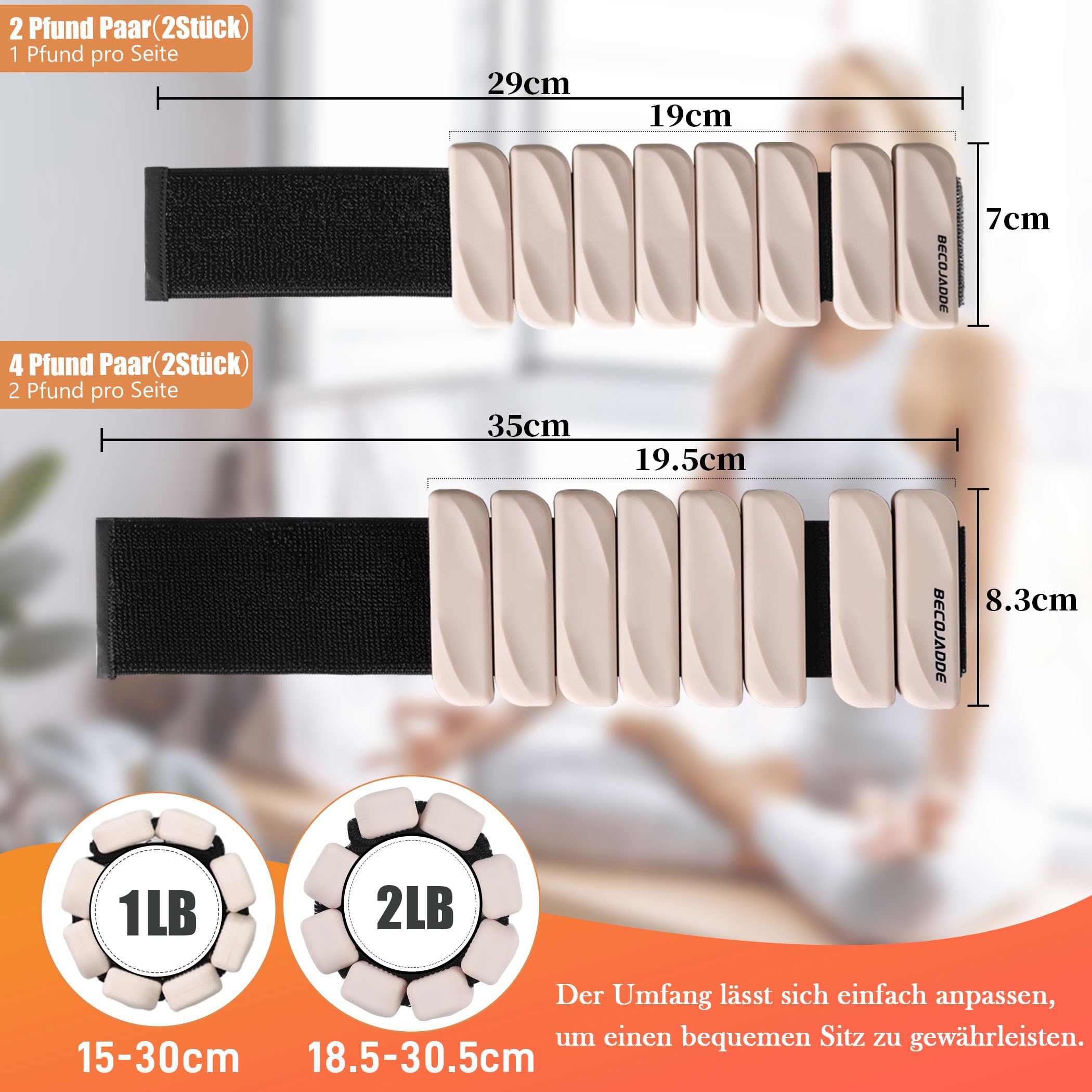 BECOJADDE Gewichtsmanschetten fuß 0.45 KG / 0.9 KG Je Gewichte für Beine und Arme Set 2 Ankle Weights Handgelenk Gewichte Knöchelgewichte Fussgewichte für Laufen Joggen Cardio Aerobic Krafttraining