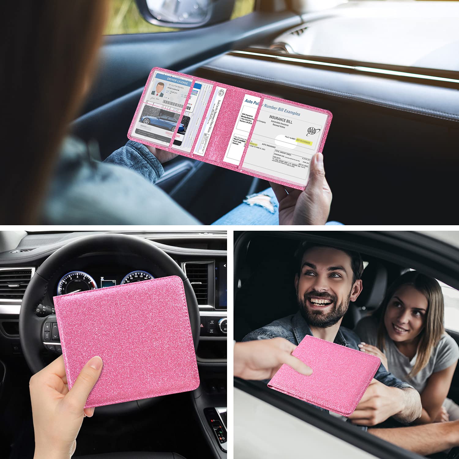 Soporte para registro y seguro de automóvil, organizador de cuero folio, guantera de documentos, accesorios para compartimento de camión para información esencial, tarjetas de licencia de 4